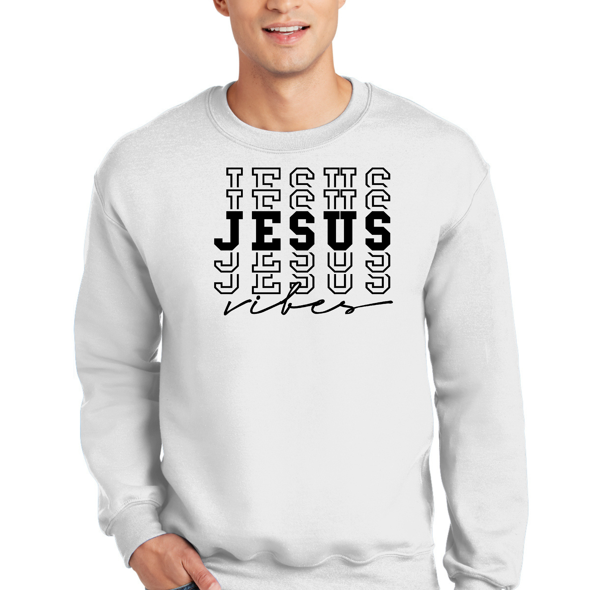 Men's Graphic Sweatshirt featuring Jesus Vibes design, showcasing a comfortable fit and stylish look.