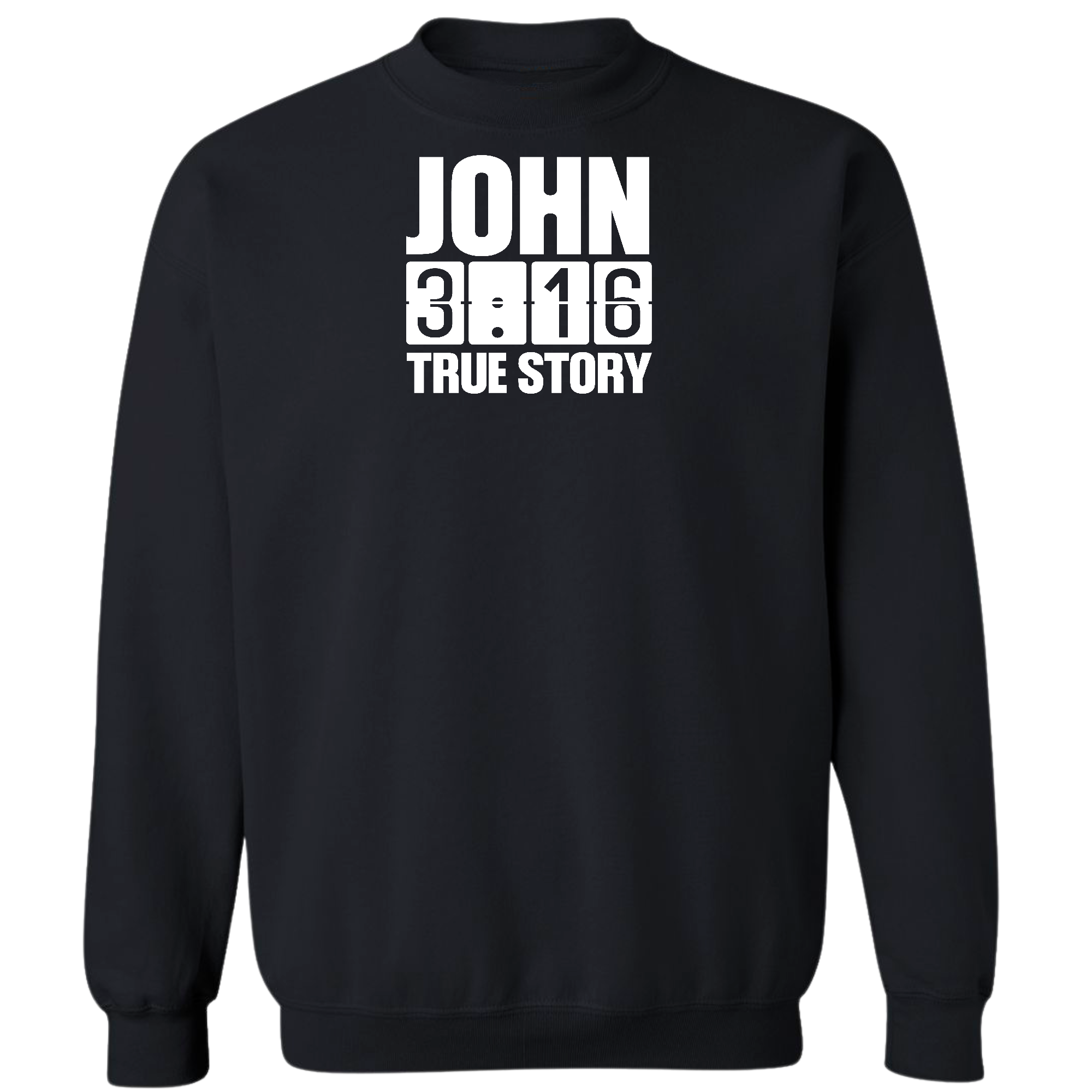 Mens Graphic Sweatshirt featuring John 3:16 True Story print, showcasing a comfortable crewneck design in a durable fabric.