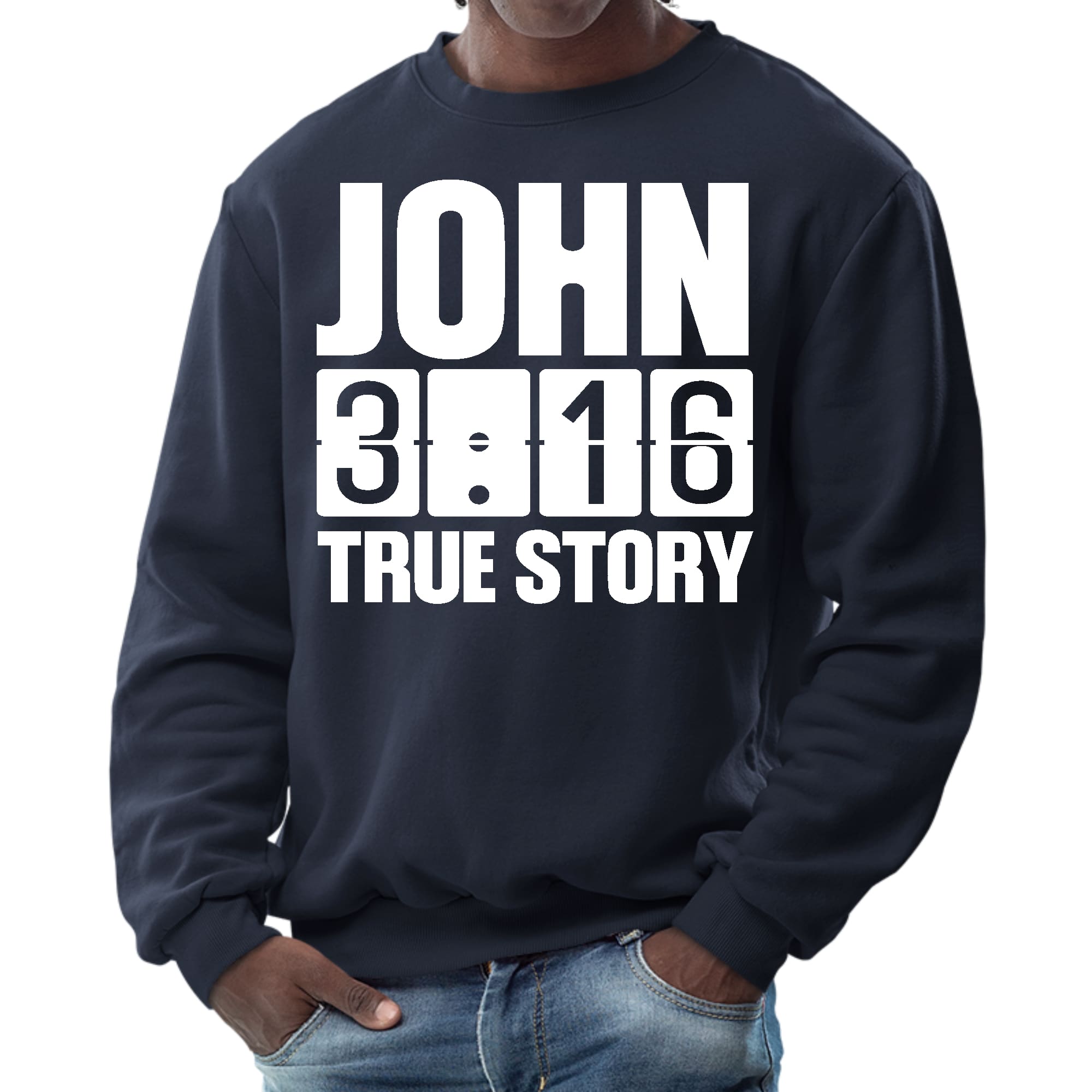 Mens Graphic Sweatshirt featuring John 3:16 True Story print, showcasing a comfortable crewneck design in a durable fabric.