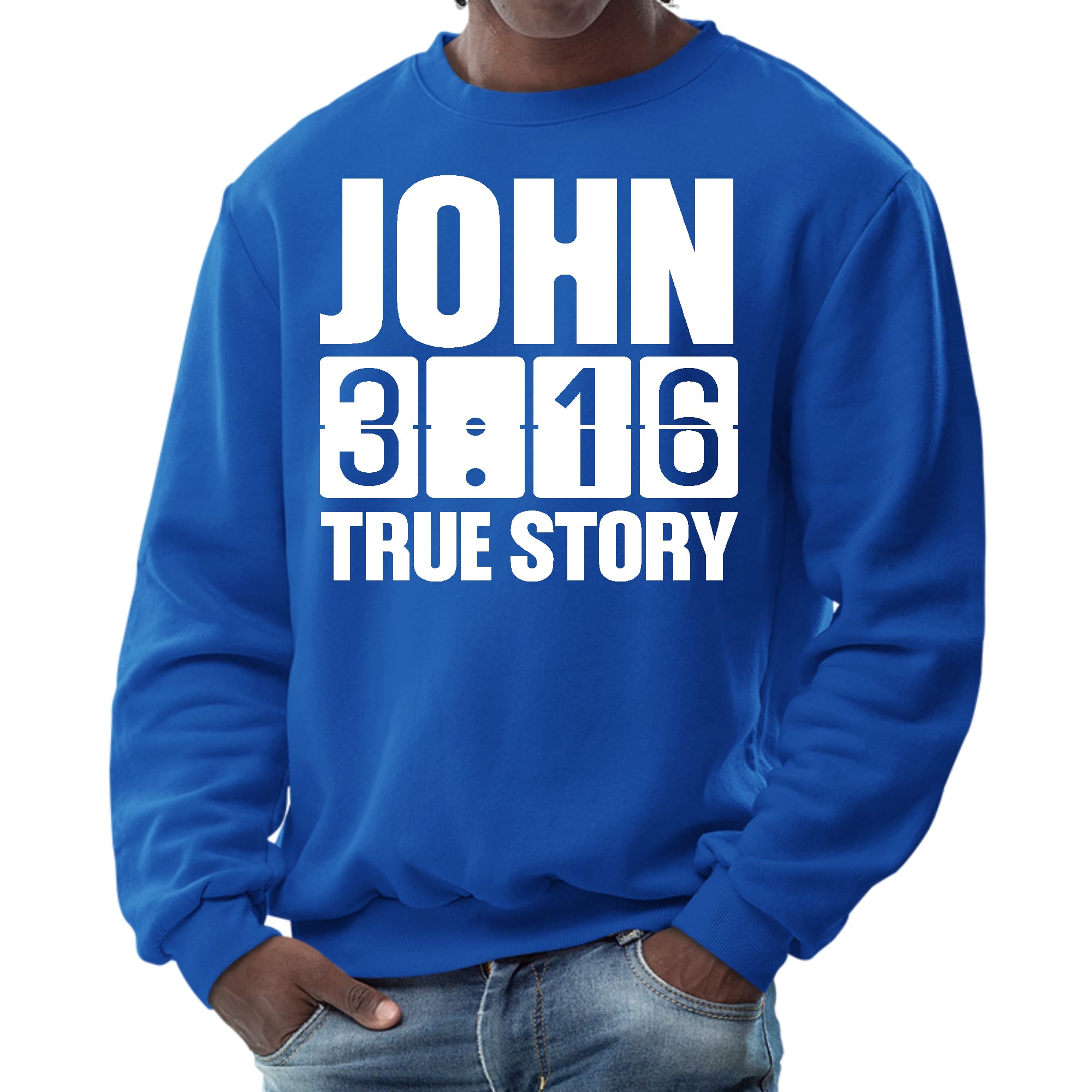 Mens Graphic Sweatshirt featuring John 3:16 True Story print, showcasing a comfortable crewneck design in a durable fabric.