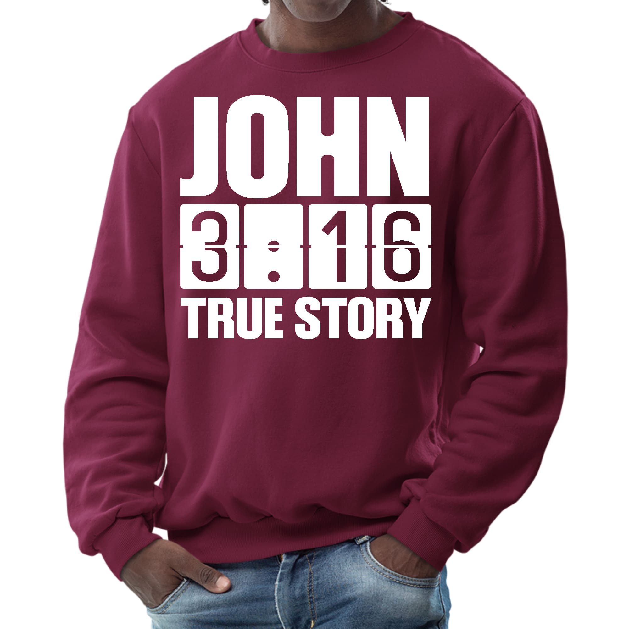 Mens Graphic Sweatshirt featuring John 3:16 True Story print, showcasing a comfortable crewneck design in a durable fabric.