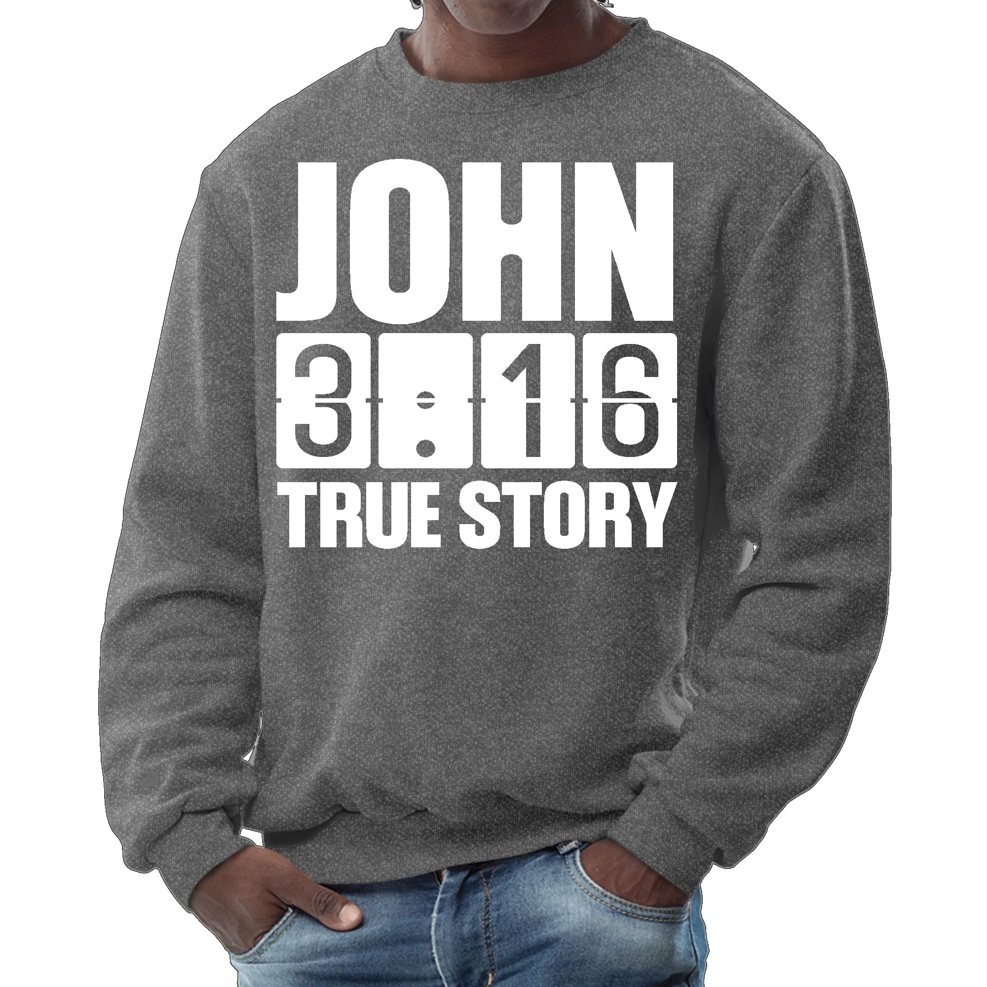 Mens Graphic Sweatshirt featuring John 3:16 True Story print, showcasing a comfortable crewneck design in a durable fabric.