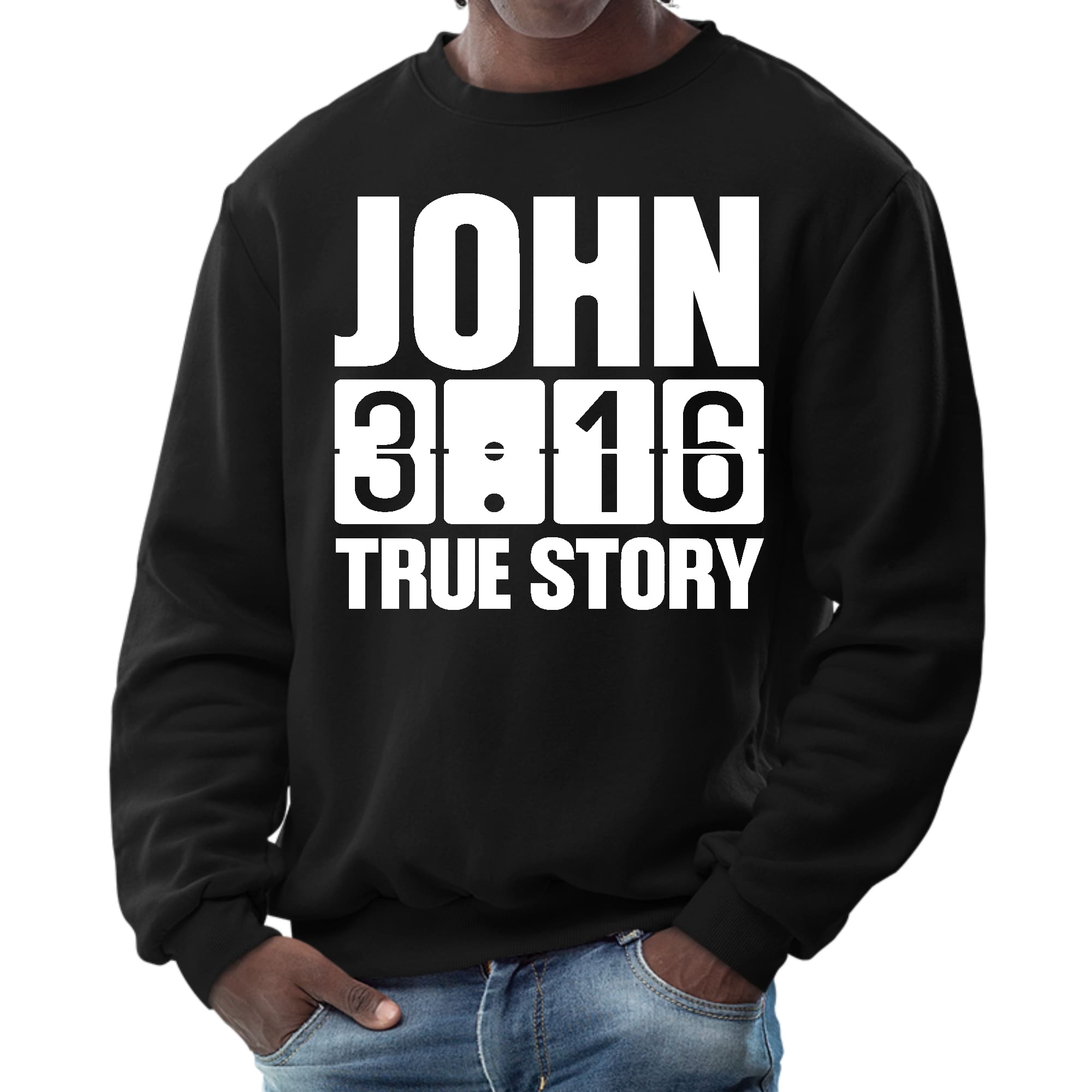 Mens Graphic Sweatshirt featuring John 3:16 True Story print, showcasing a comfortable crewneck design in a durable fabric.