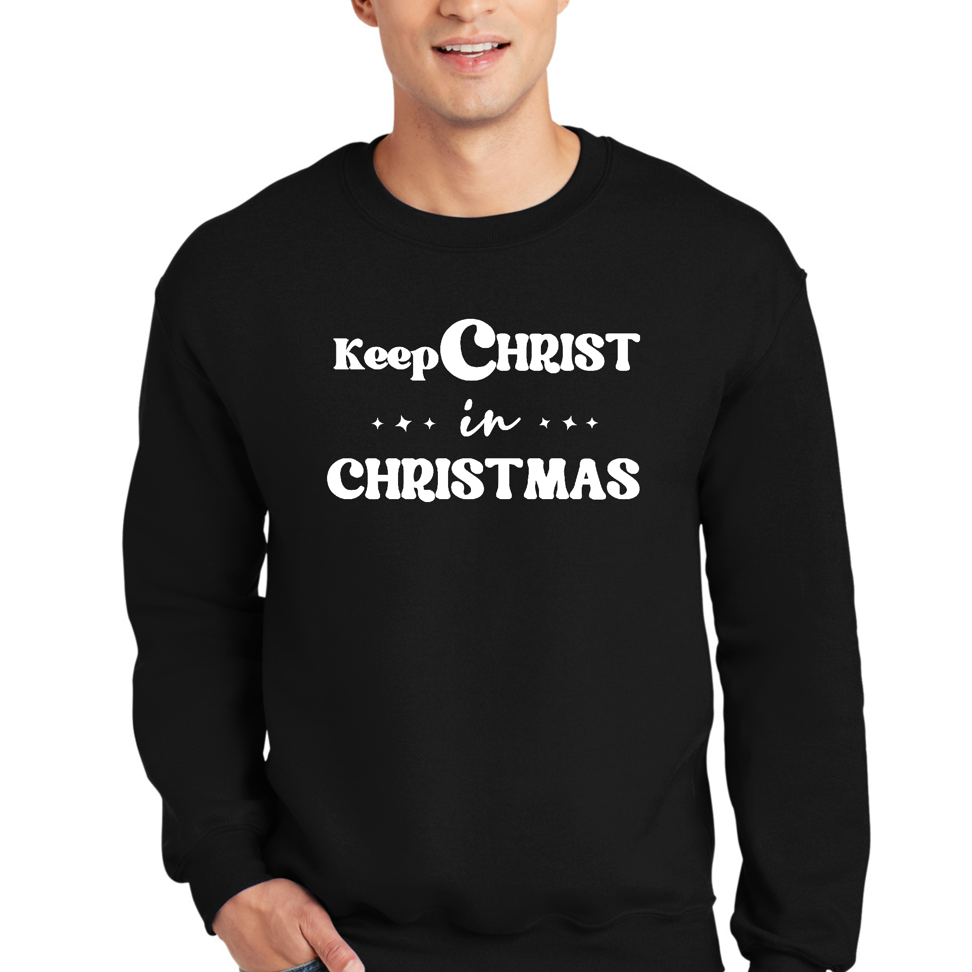 Men's long sleeve crewneck sweatshirt featuring 'Keep Christ in Christmas' graphic, perfect for holiday wear.