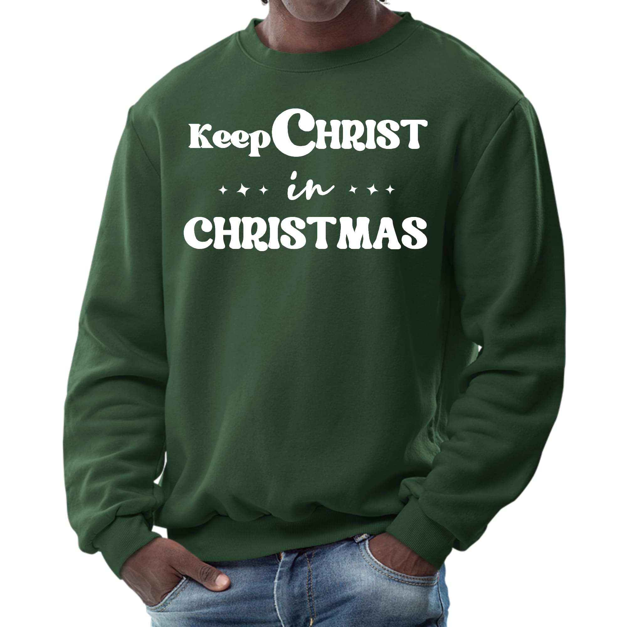 Men's long sleeve crewneck sweatshirt featuring 'Keep Christ in Christmas' graphic, perfect for holiday wear.