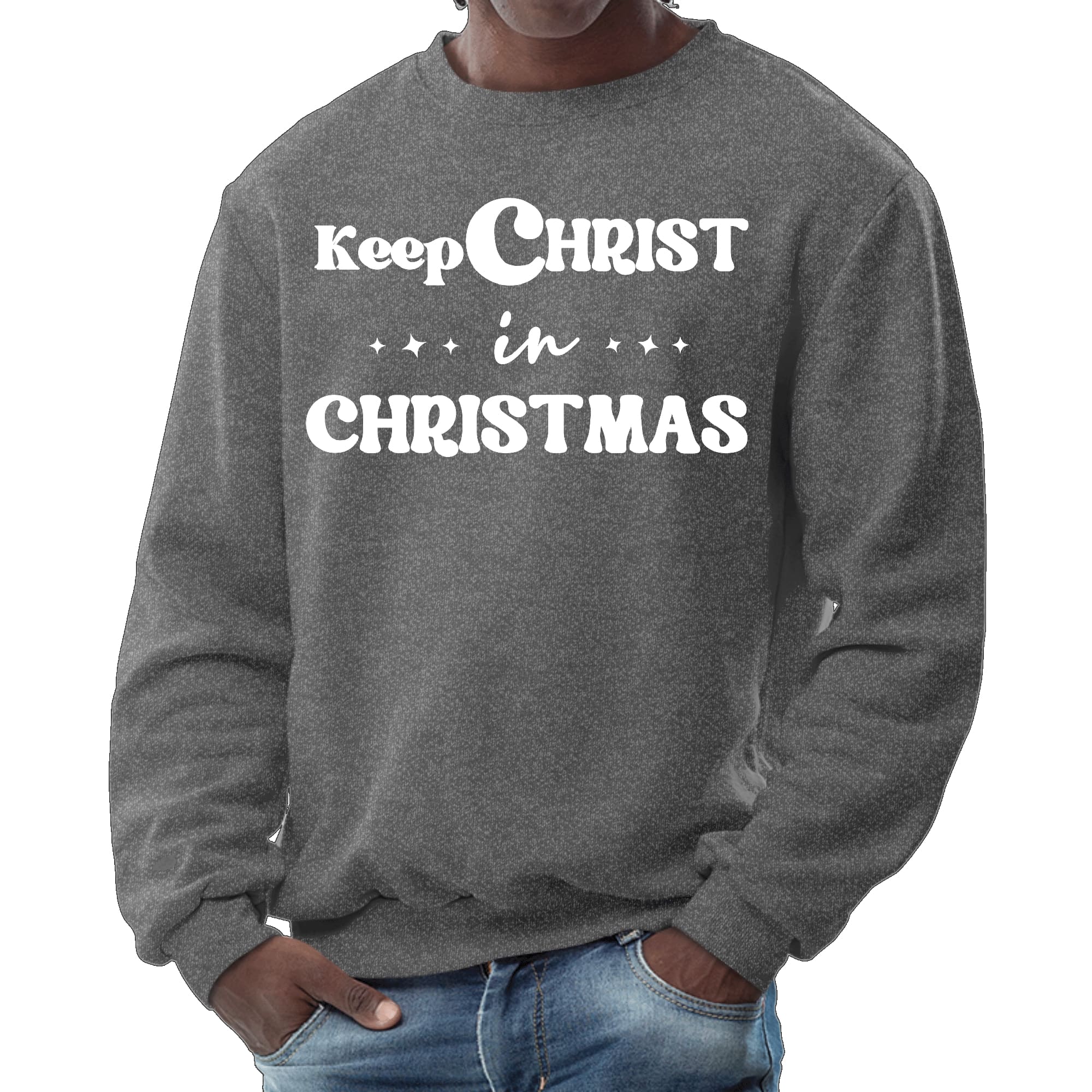 Men's long sleeve crewneck sweatshirt featuring 'Keep Christ in Christmas' graphic, perfect for holiday wear.