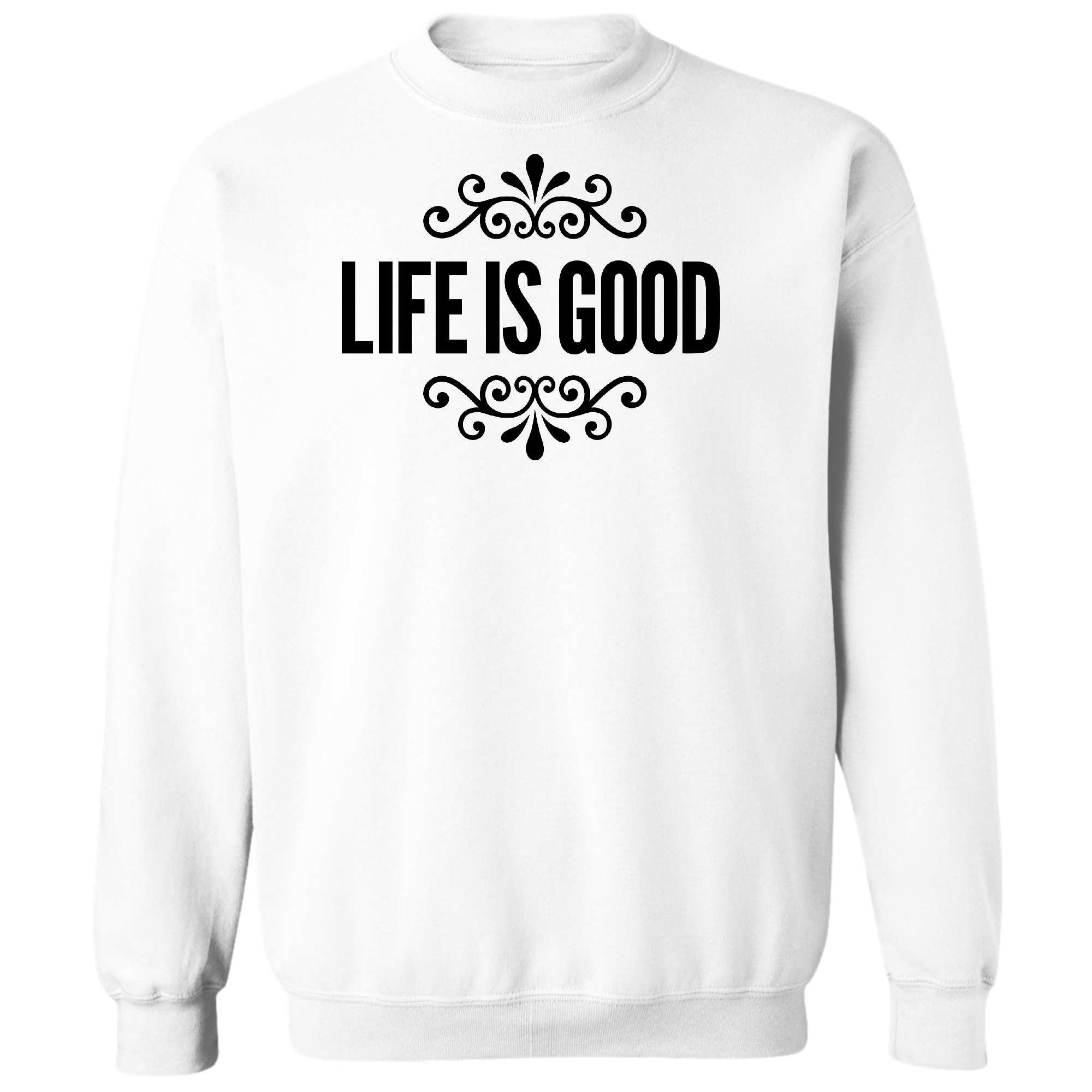 Men's black graphic sweatshirt featuring Life is Good word art illustration, showcasing a comfortable crewneck design.