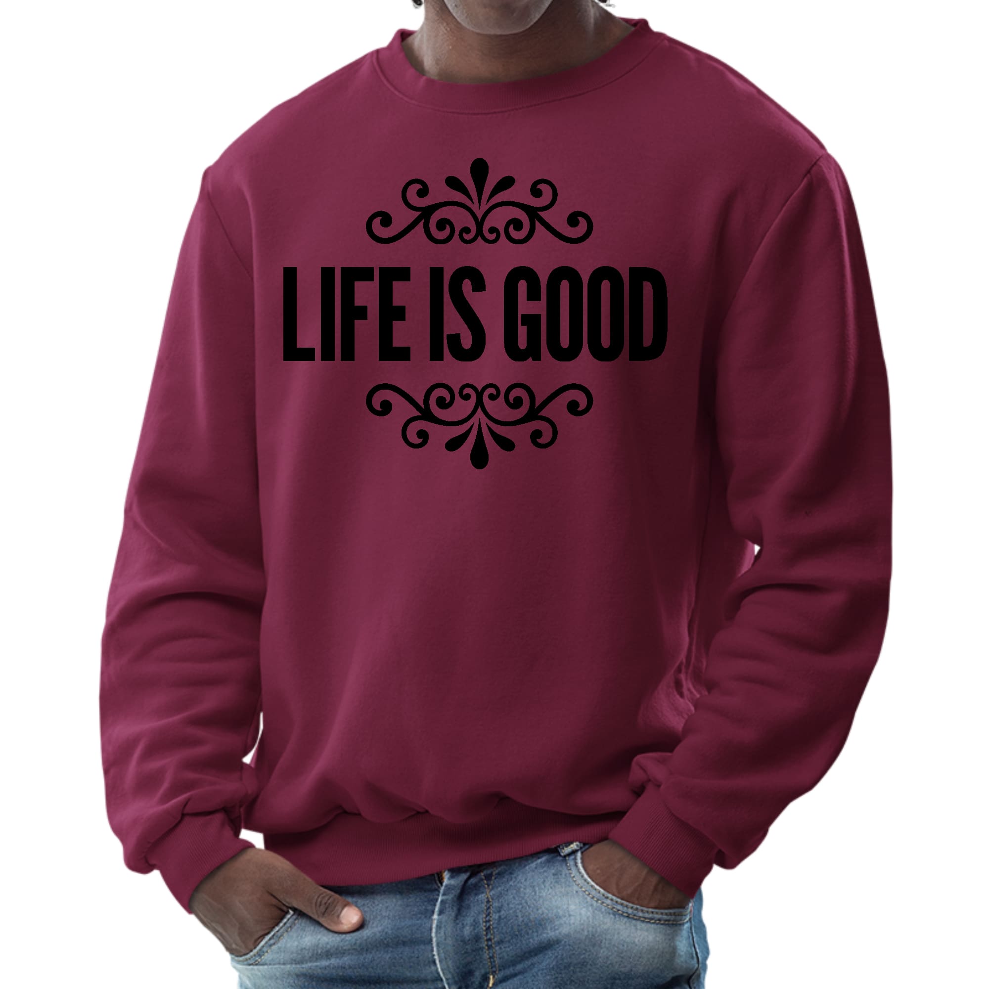 Men's black graphic sweatshirt featuring Life is Good word art illustration, showcasing a comfortable crewneck design.