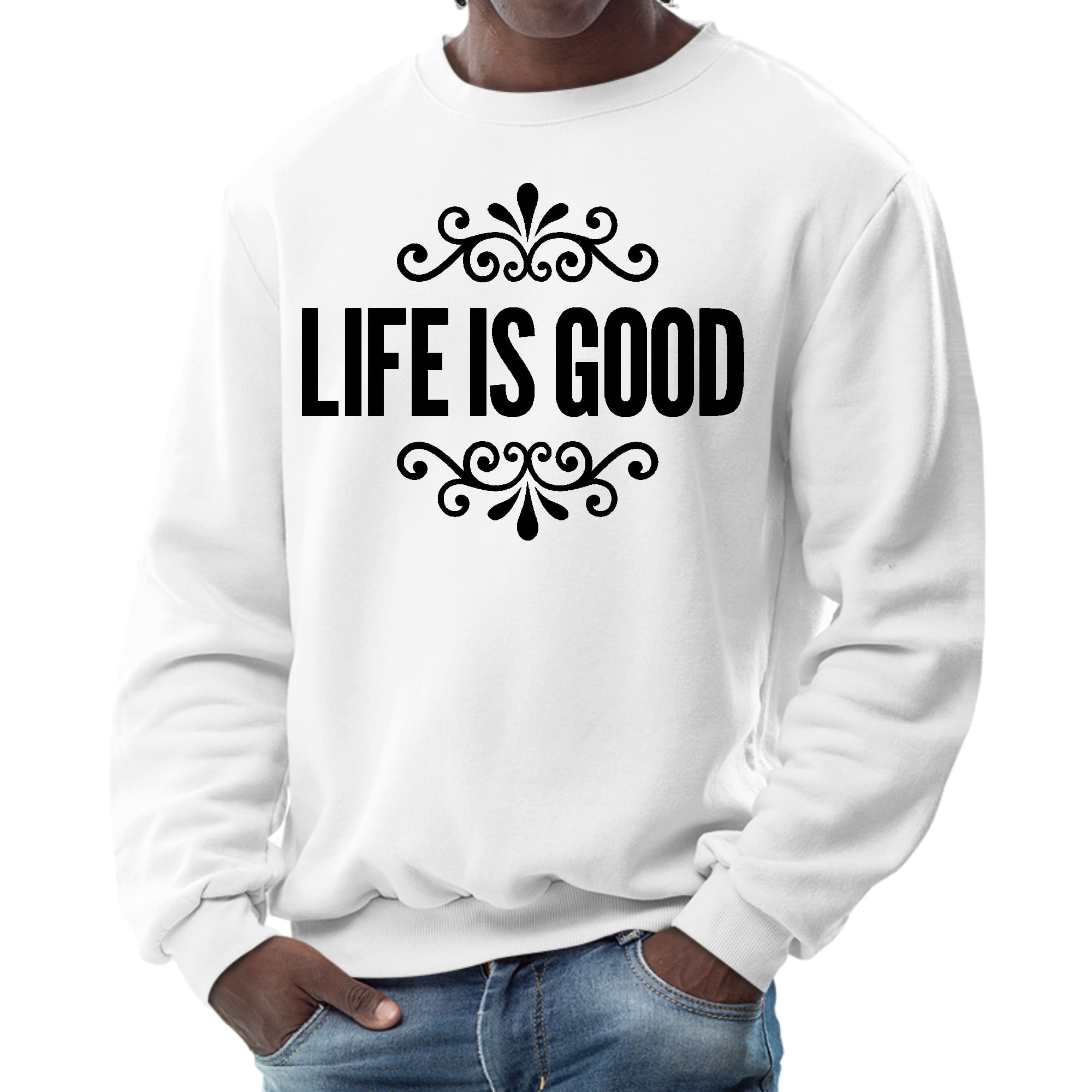 Men's black graphic sweatshirt featuring Life is Good word art illustration, showcasing a comfortable crewneck design.