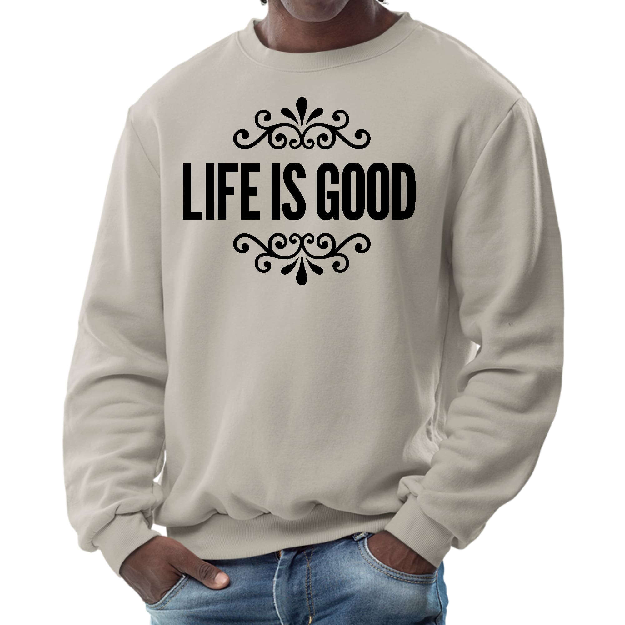 Men's black graphic sweatshirt featuring Life is Good word art illustration, showcasing a comfortable crewneck design.