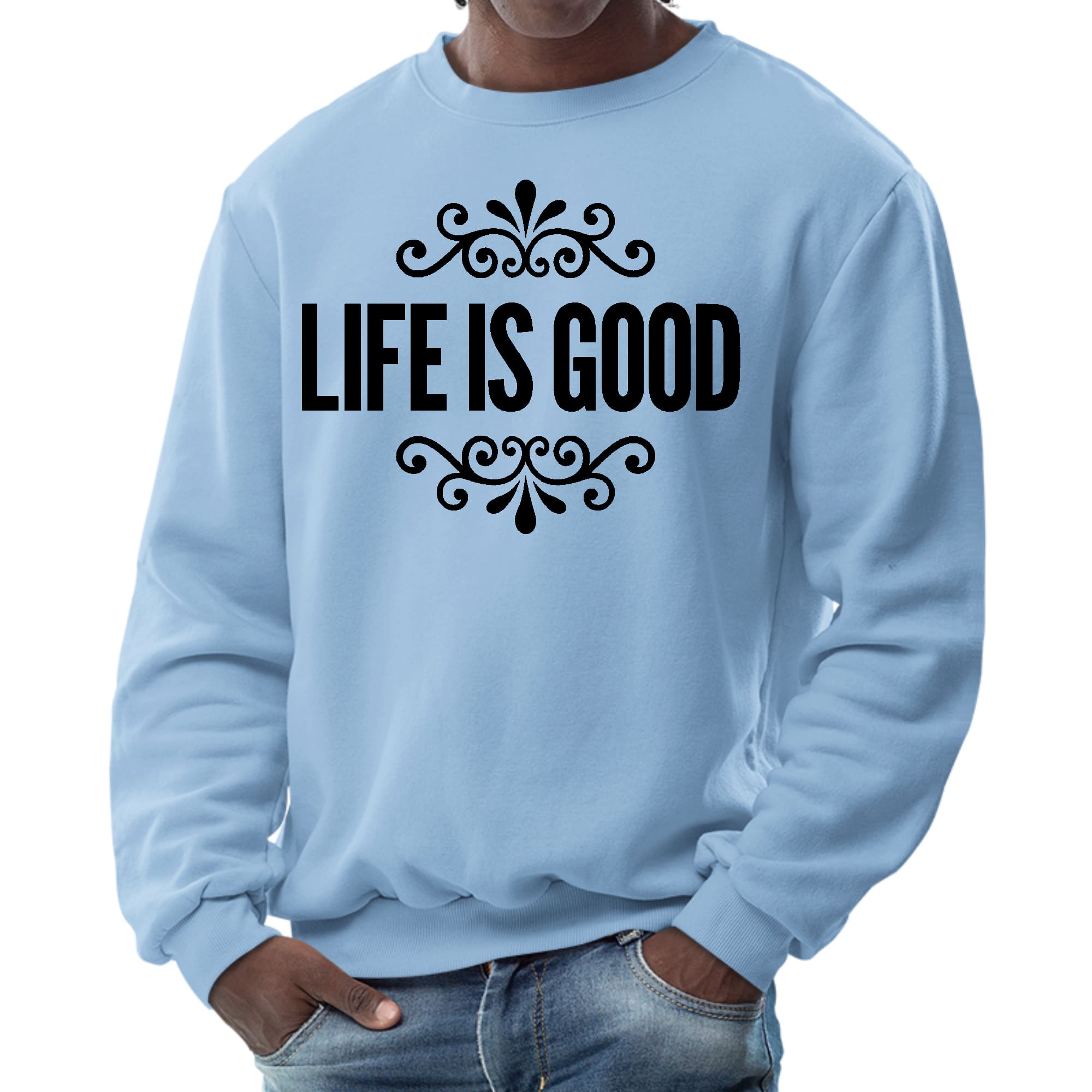 Men's black graphic sweatshirt featuring Life is Good word art illustration, showcasing a comfortable crewneck design.