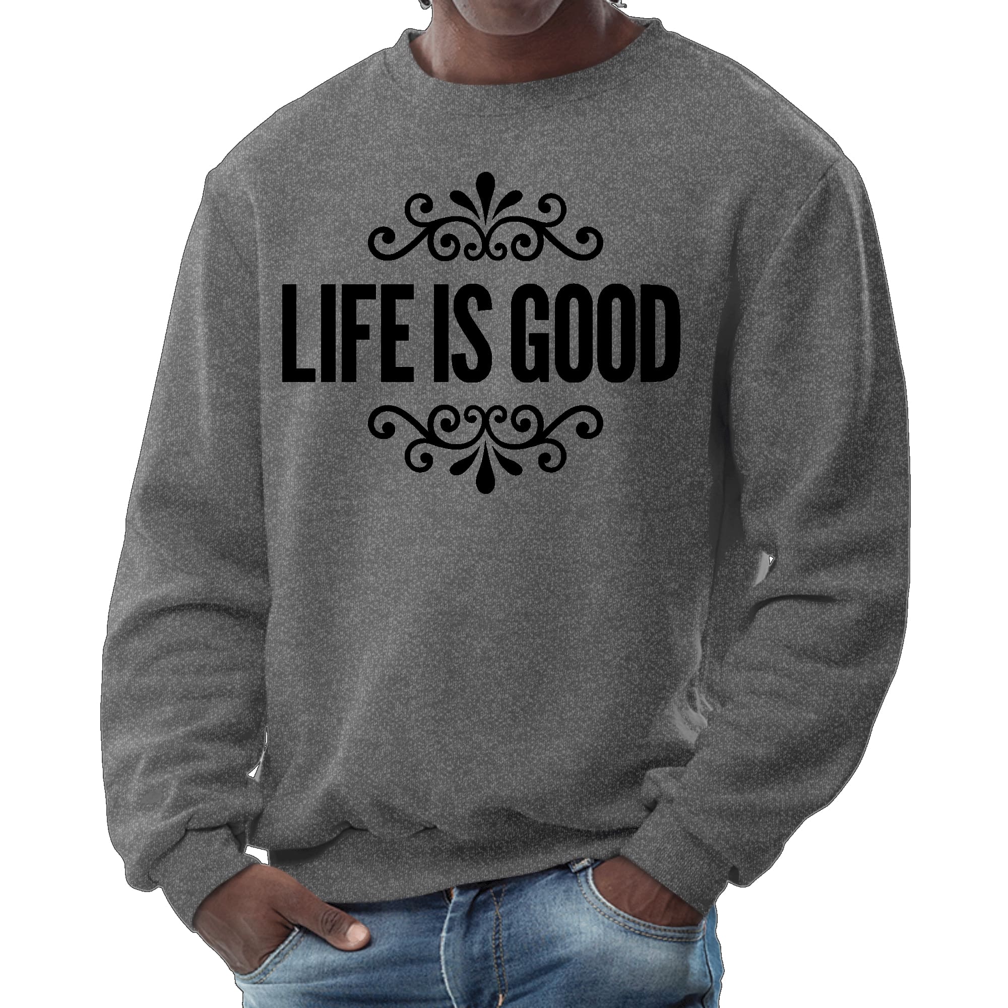 Men's black graphic sweatshirt featuring Life is Good word art illustration, showcasing a comfortable crewneck design.