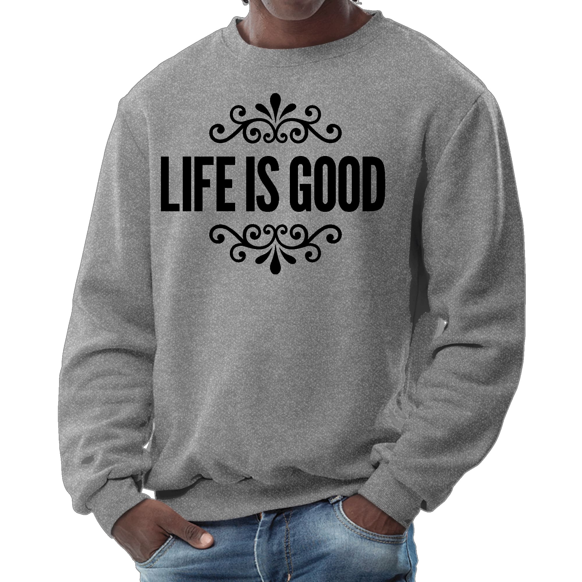 Men's black graphic sweatshirt featuring Life is Good word art illustration, showcasing a comfortable crewneck design.