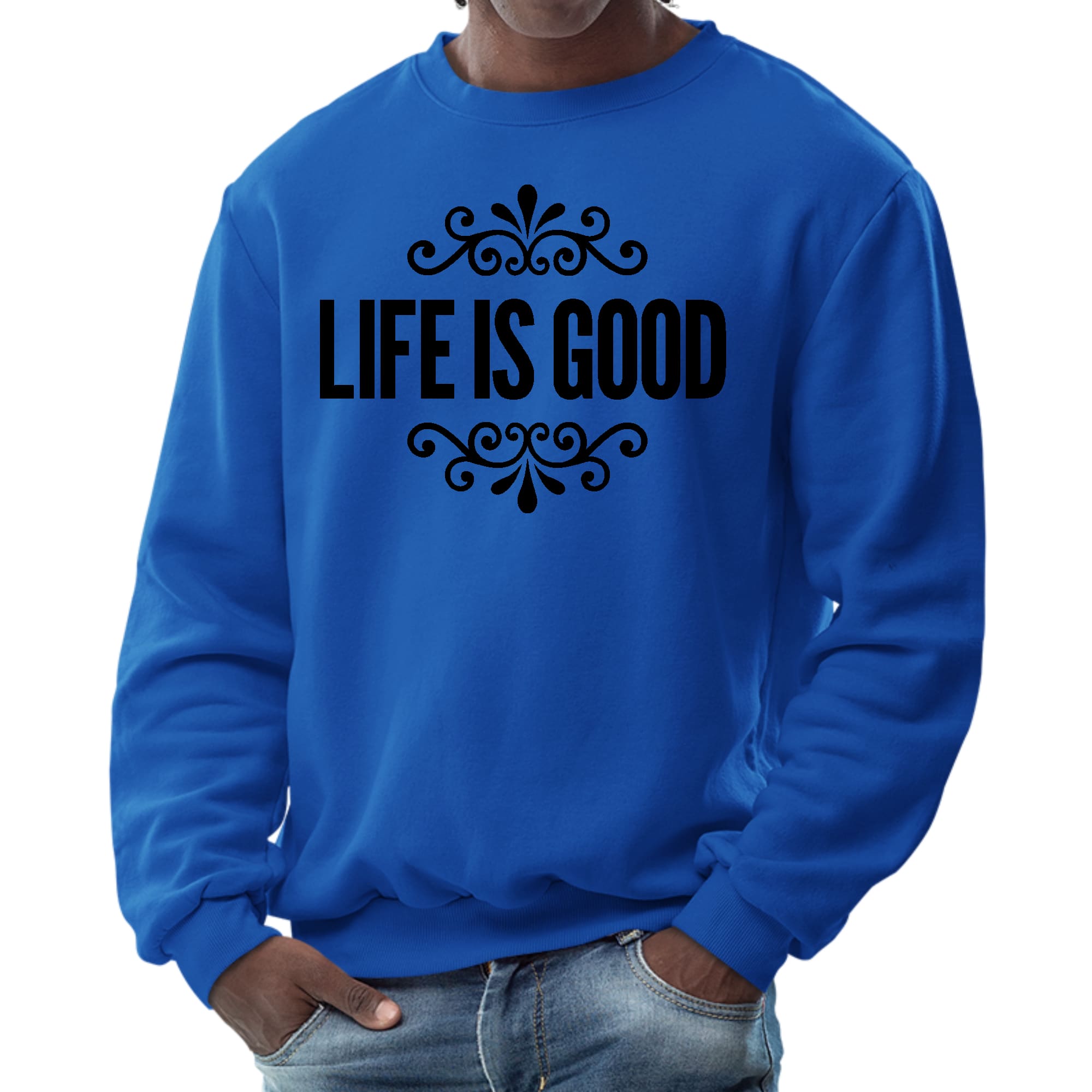 Men's black graphic sweatshirt featuring Life is Good word art illustration, showcasing a comfortable crewneck design.