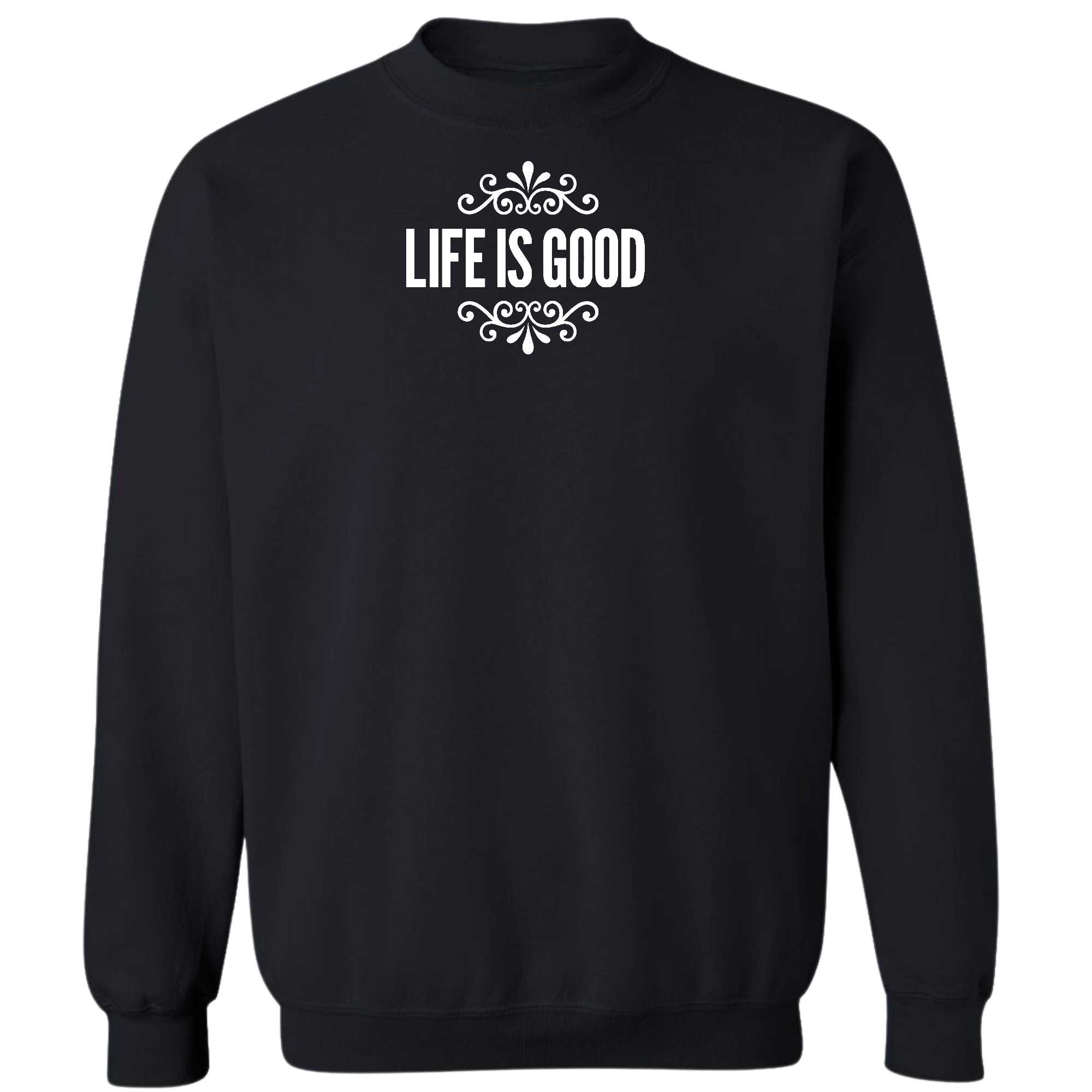 Men's long sleeve graphic sweatshirt featuring Life is Good word art illustration, showcasing a comfortable and stylish design.