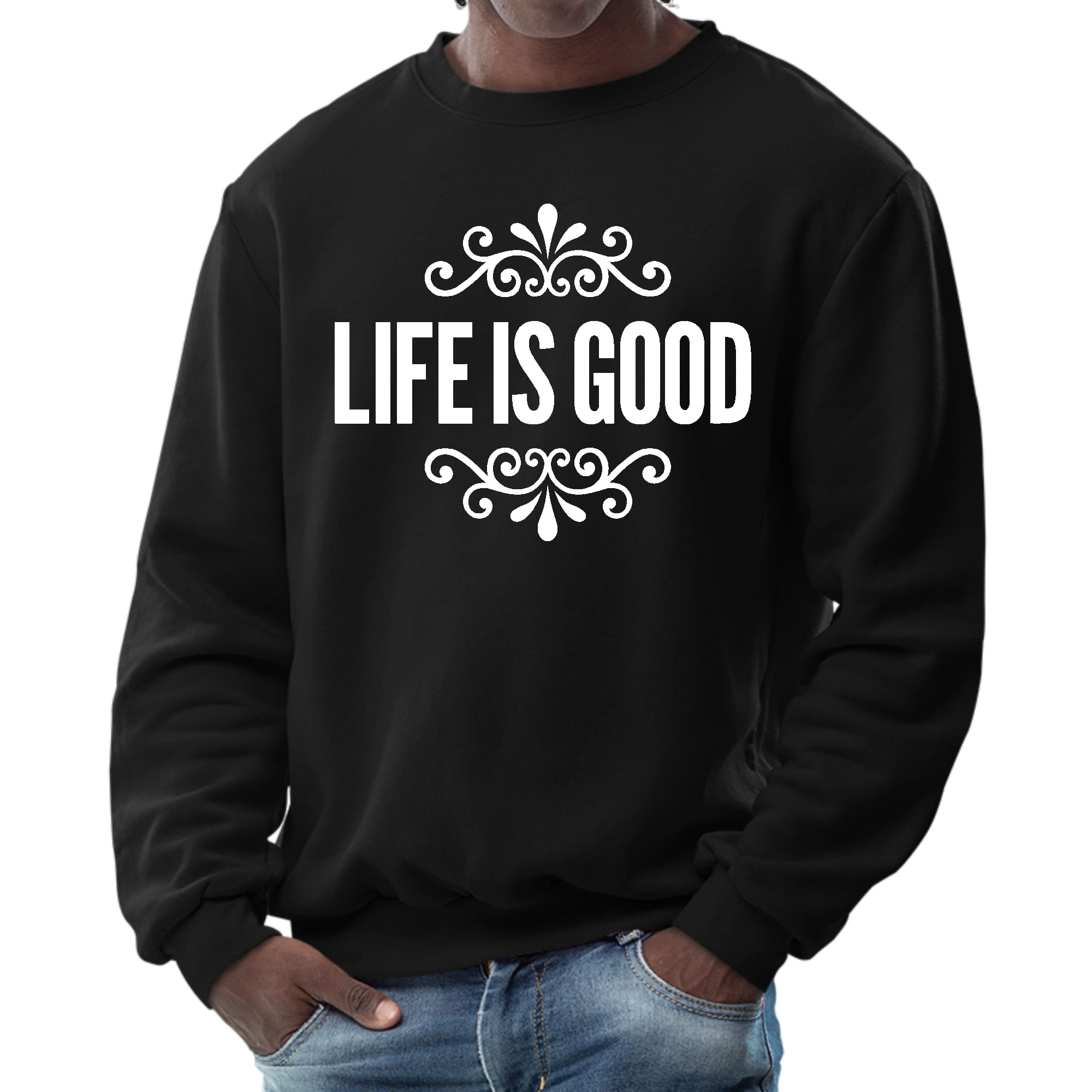 Men's long sleeve graphic sweatshirt featuring Life is Good word art illustration, showcasing a comfortable and stylish design.