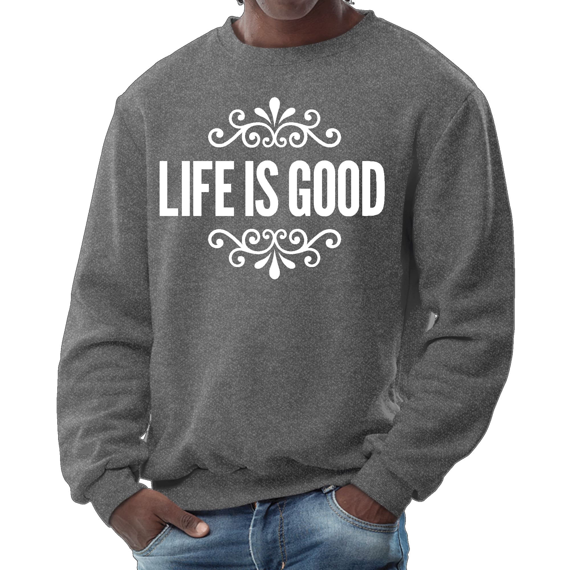 Men's long sleeve graphic sweatshirt featuring Life is Good word art illustration, showcasing a comfortable and stylish design.