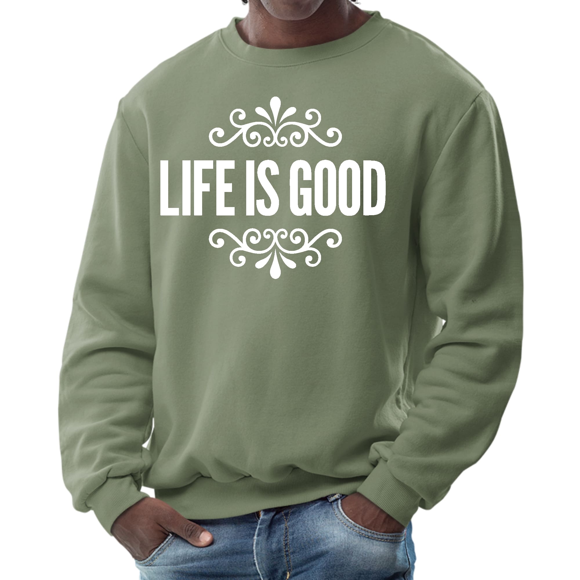 Men's long sleeve graphic sweatshirt featuring Life is Good word art illustration, showcasing a comfortable and stylish design.