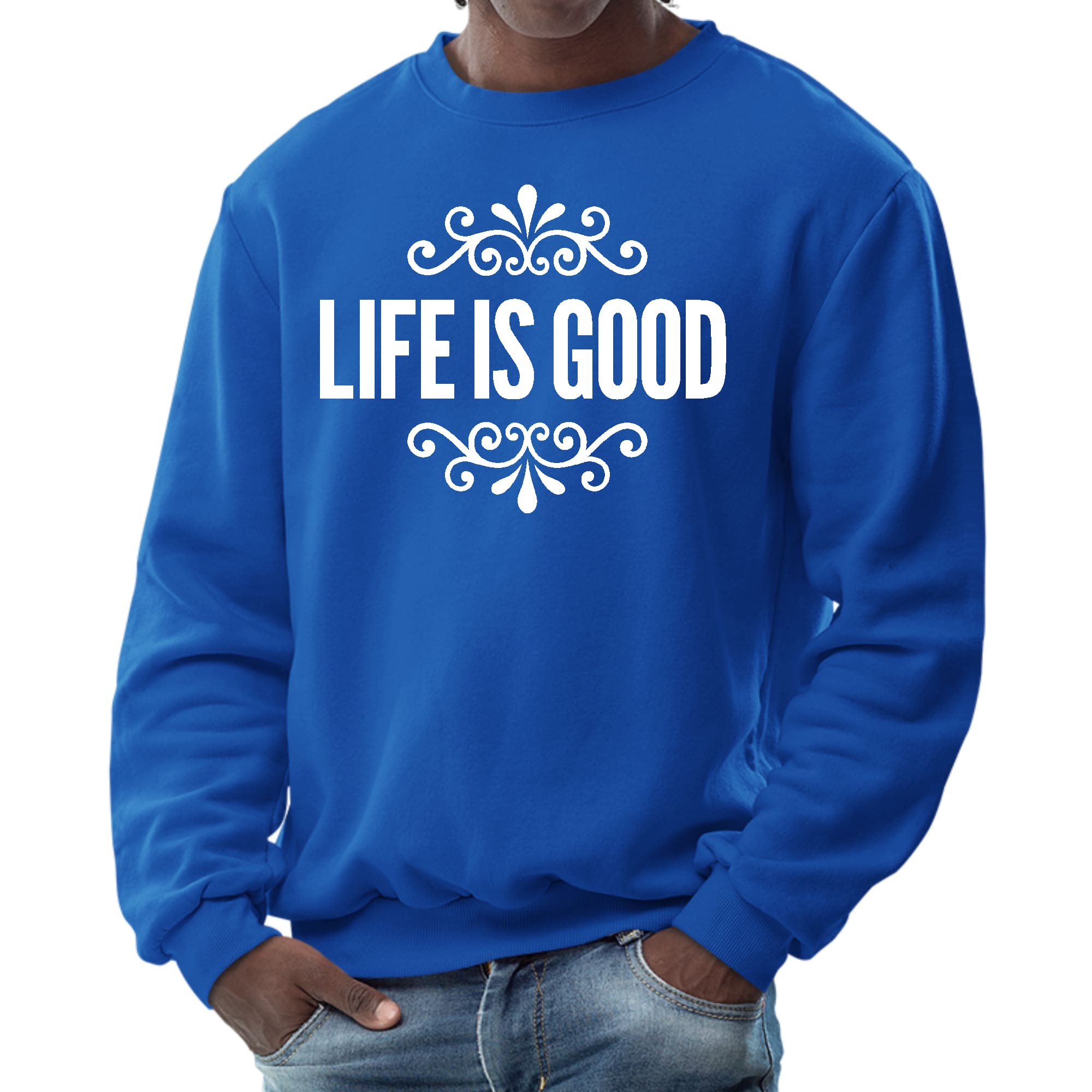 Men's long sleeve graphic sweatshirt featuring Life is Good word art illustration, showcasing a comfortable and stylish design.