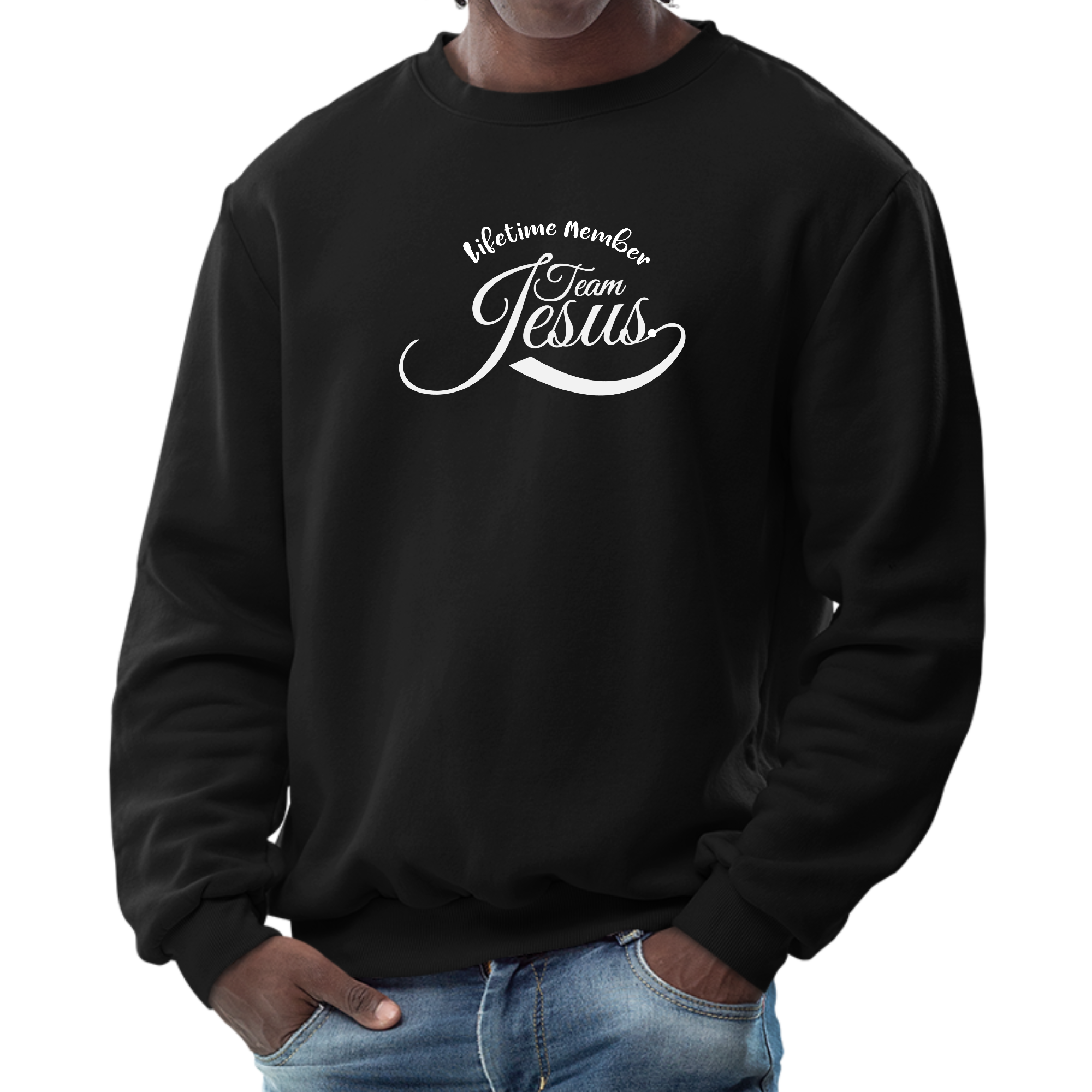 Men's Graphic Sweatshirt featuring Lifetime Member Team Jesus illustration, showcasing a comfortable crewneck design in a stylish fit.