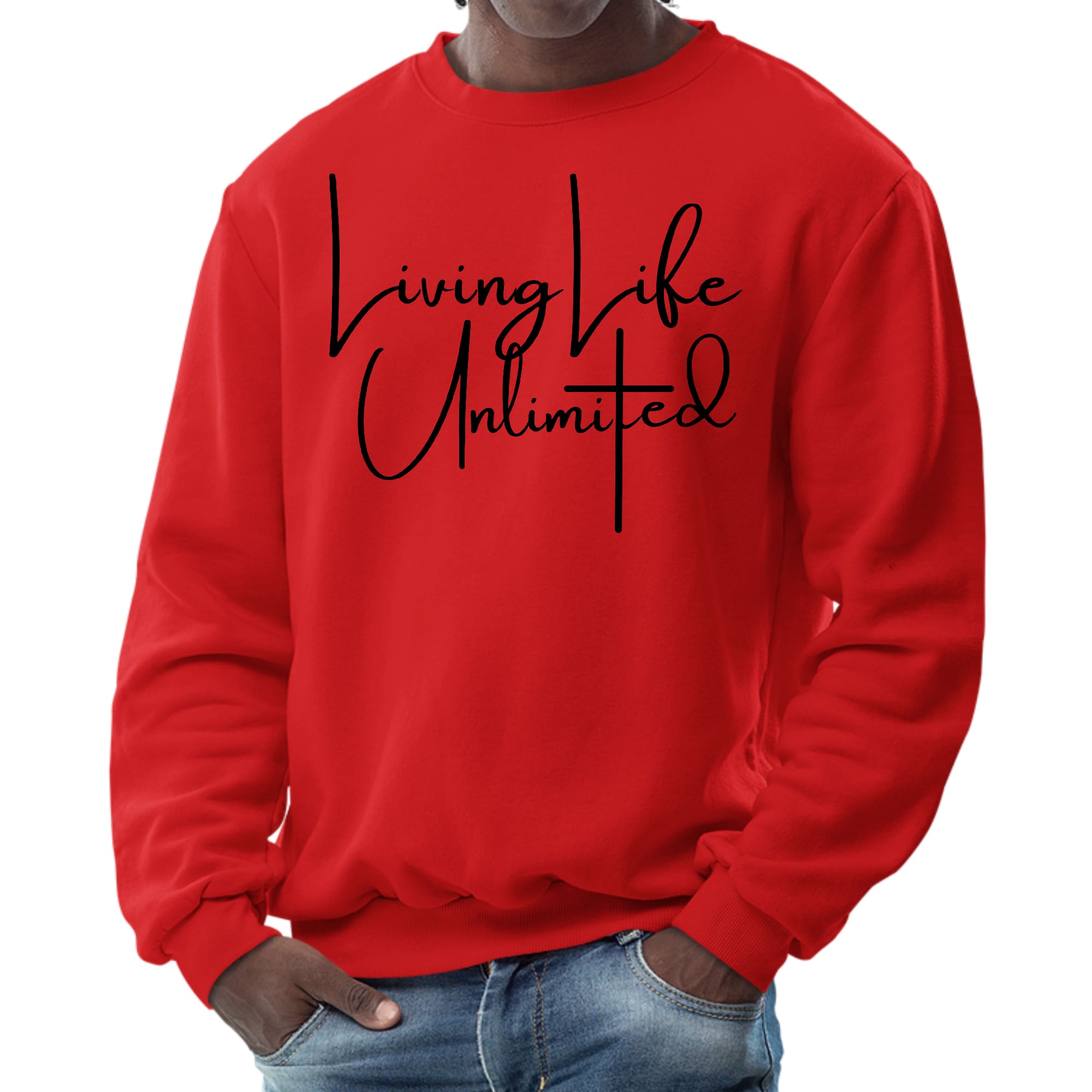 Mens Graphic Sweatshirt in black featuring the phrase 'Living Life Unlimited' with a comfortable crewneck design.