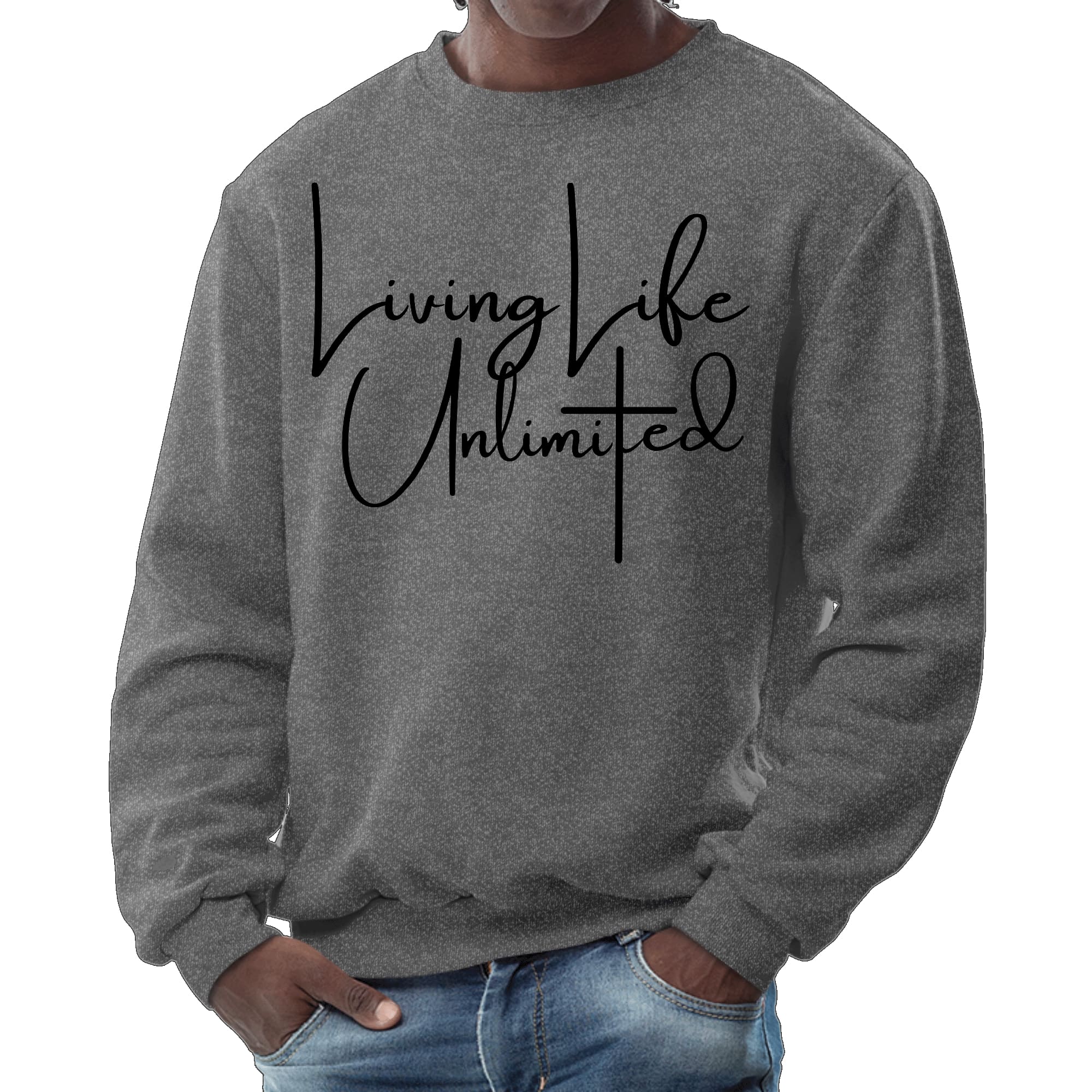 Mens Graphic Sweatshirt in black featuring the phrase 'Living Life Unlimited' with a comfortable crewneck design.