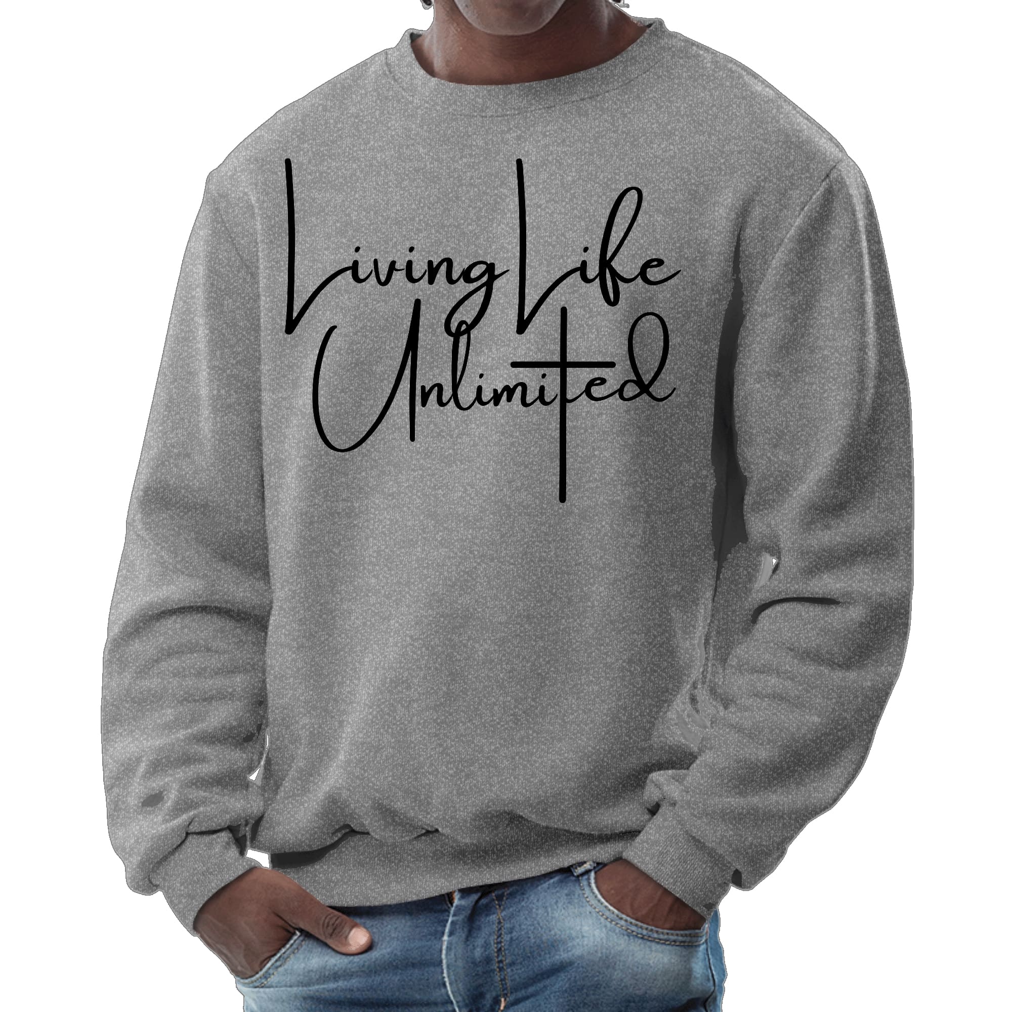 Mens Graphic Sweatshirt in black featuring the phrase 'Living Life Unlimited' with a comfortable crewneck design.