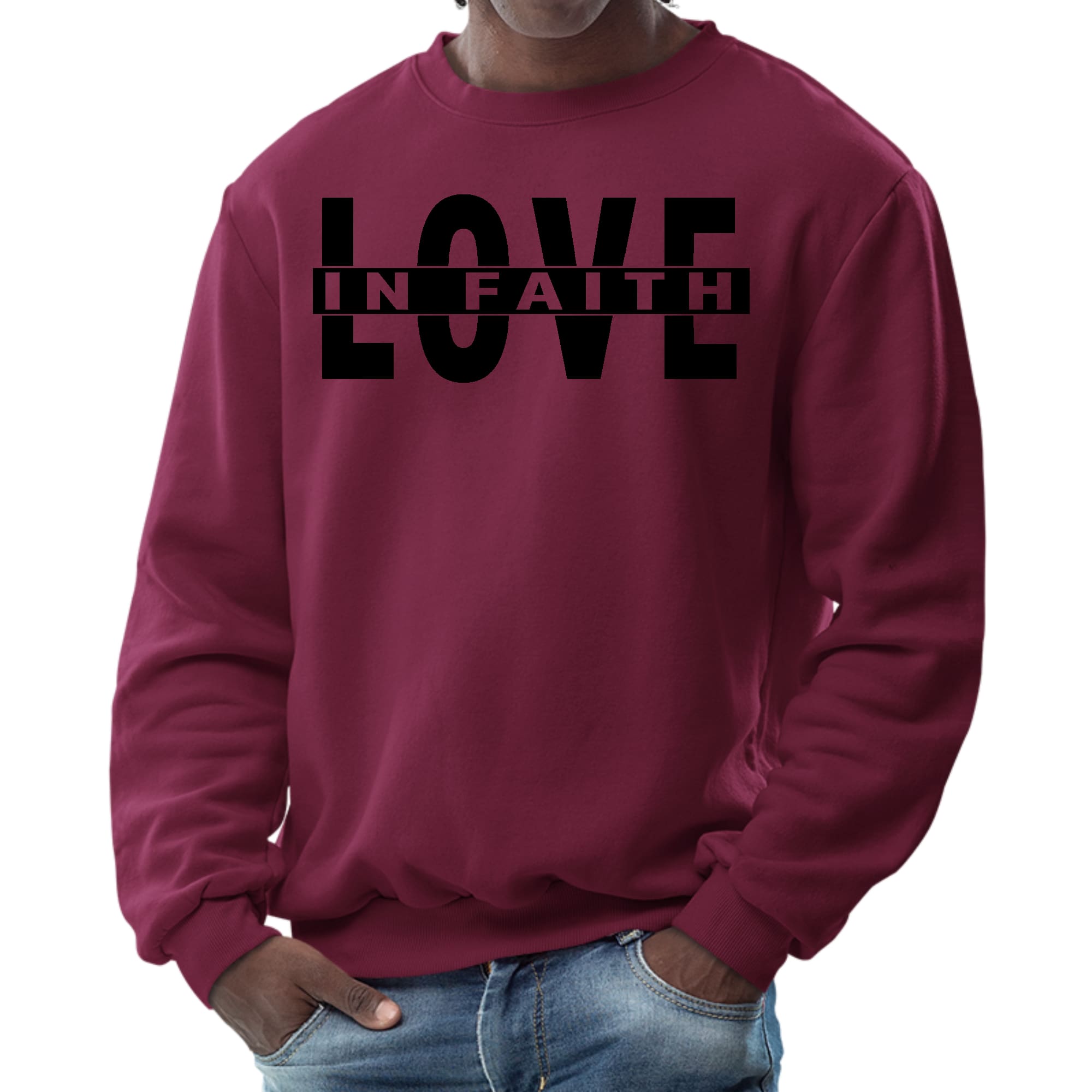 Men's graphic sweatshirt featuring a black illustration of Love in Faith, showcasing a stylish and comfortable design.