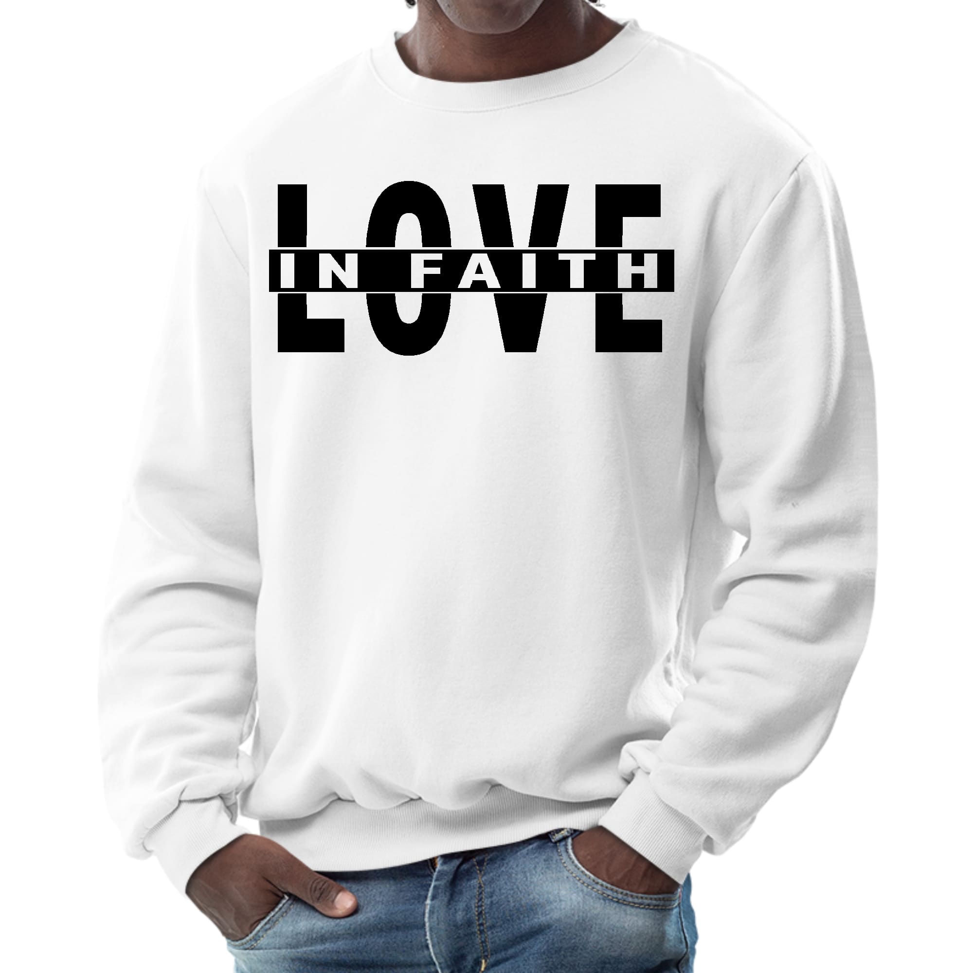 Men's graphic sweatshirt featuring a black illustration of Love in Faith, showcasing a stylish and comfortable design.