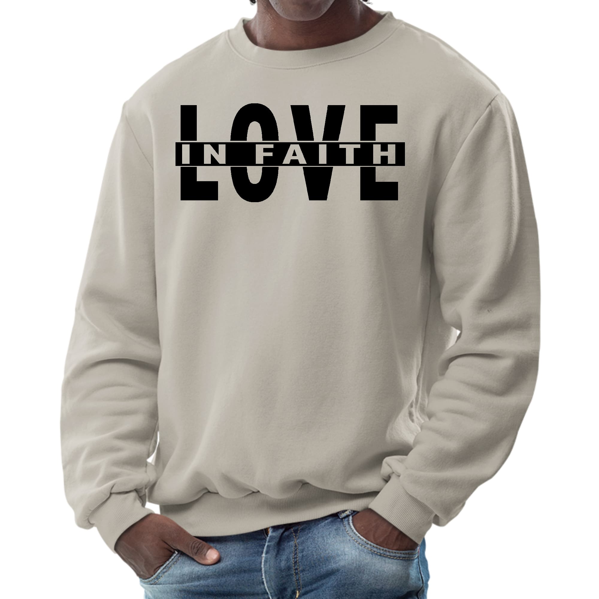 Men's graphic sweatshirt featuring a black illustration of Love in Faith, showcasing a stylish and comfortable design.