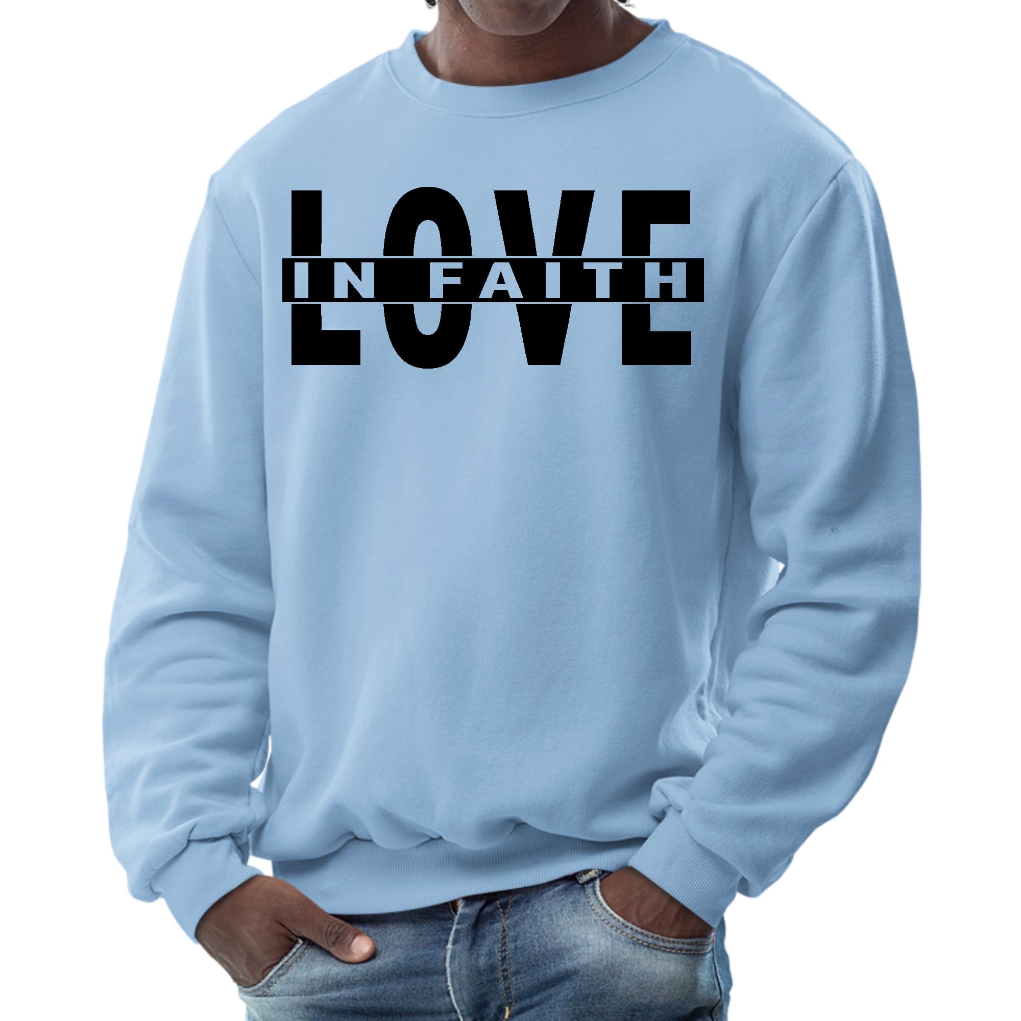 Men's graphic sweatshirt featuring a black illustration of Love in Faith, showcasing a stylish and comfortable design.