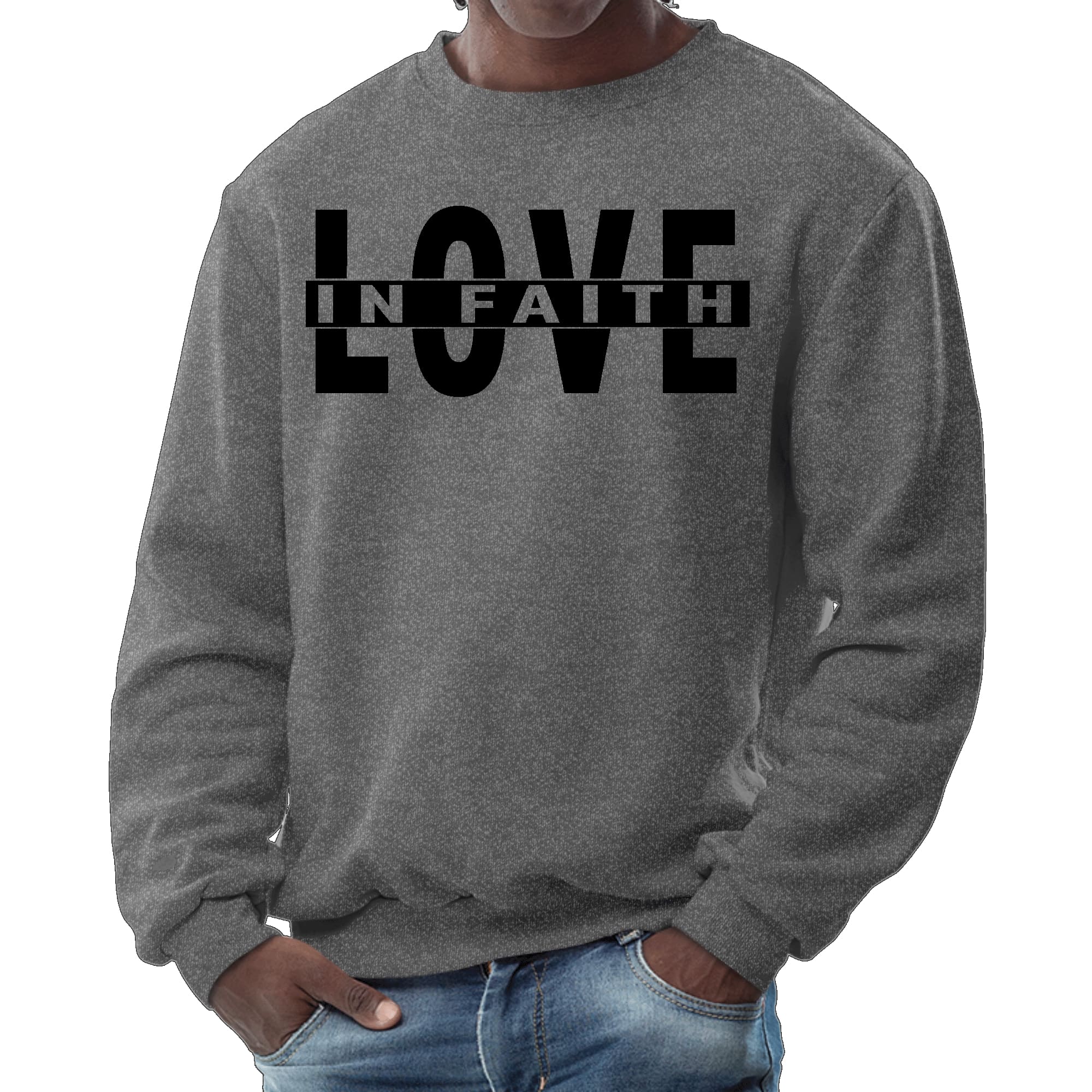 Men's graphic sweatshirt featuring a black illustration of Love in Faith, showcasing a stylish and comfortable design.