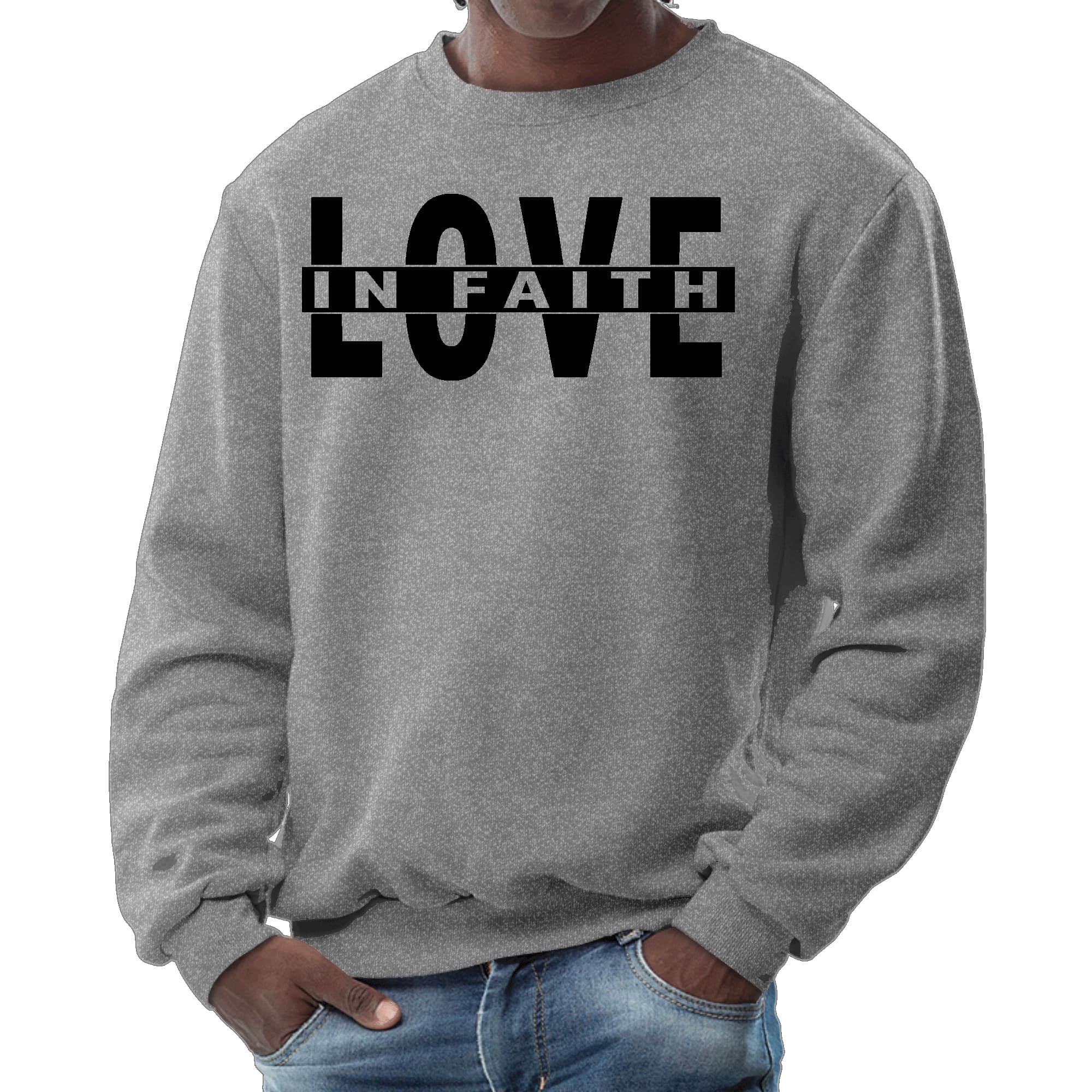 Men's graphic sweatshirt featuring a black illustration of Love in Faith, showcasing a stylish and comfortable design.