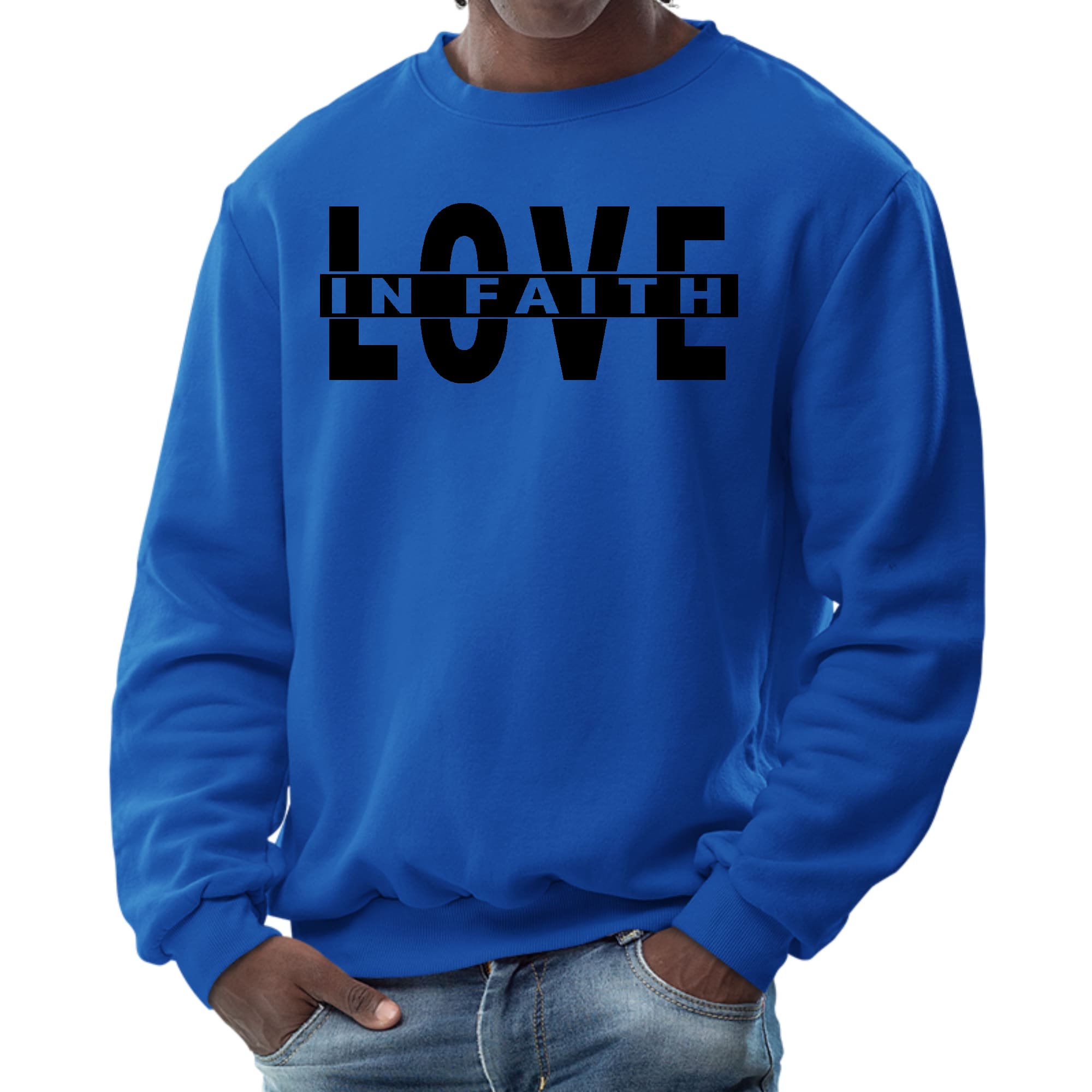 Men's graphic sweatshirt featuring a black illustration of Love in Faith, showcasing a stylish and comfortable design.