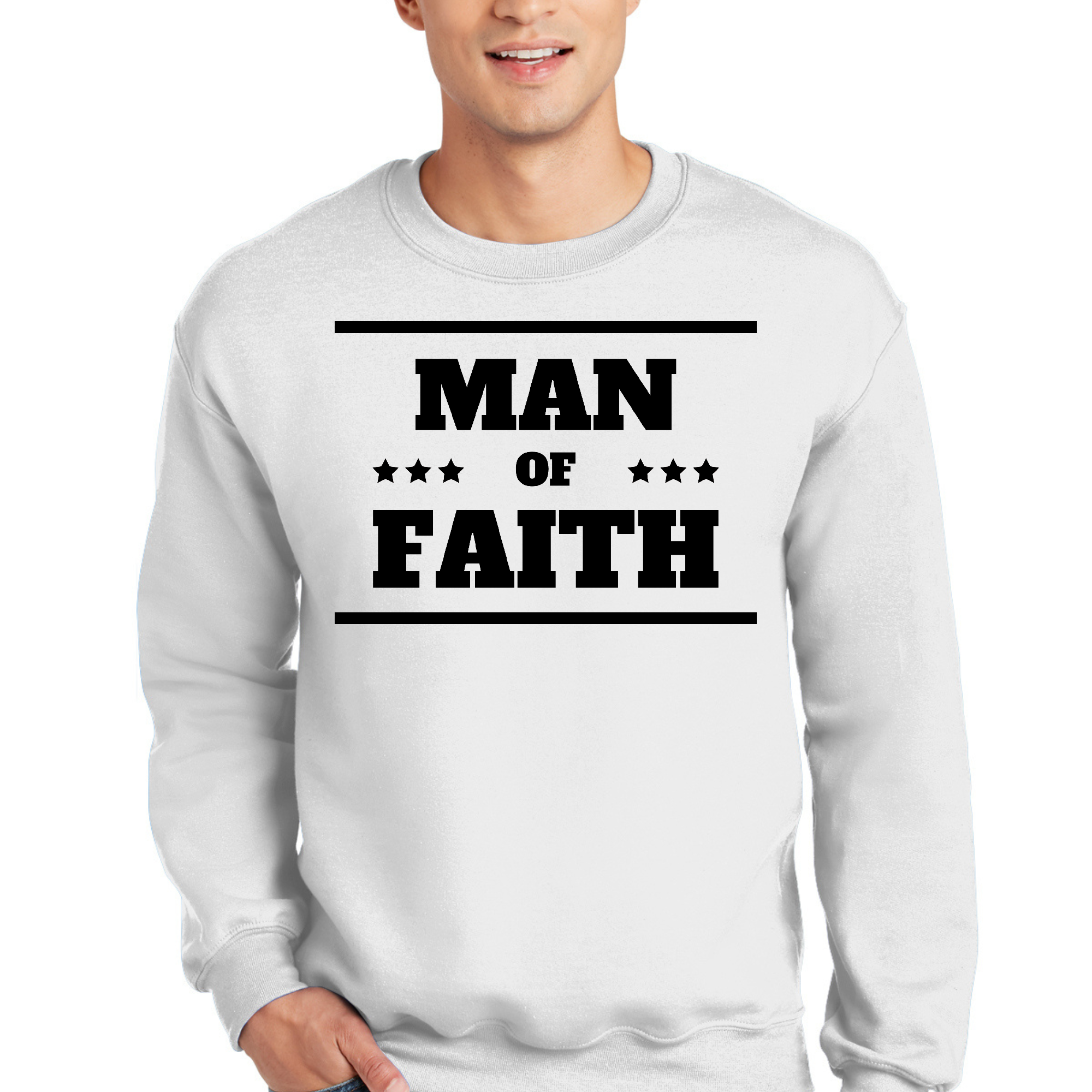 Men's graphic sweatshirt featuring a black illustration of a Man of Faith, showcasing a stylish and comfortable design.