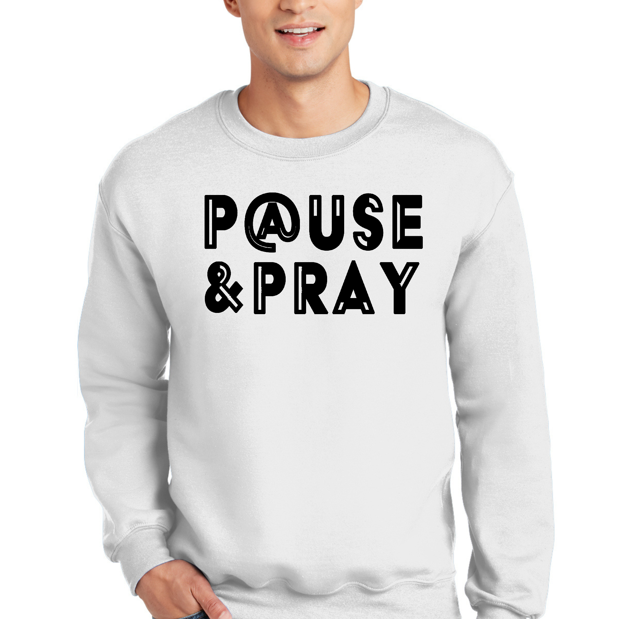 Men's Graphic Sweatshirt featuring a black 'Pause and Pray' illustration, showcasing a comfortable and stylish design.