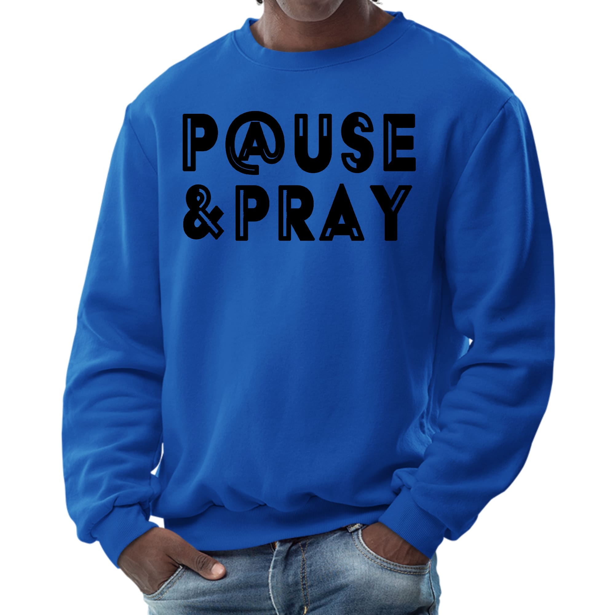 Men's Graphic Sweatshirt featuring a black 'Pause and Pray' illustration, showcasing a comfortable and stylish design.