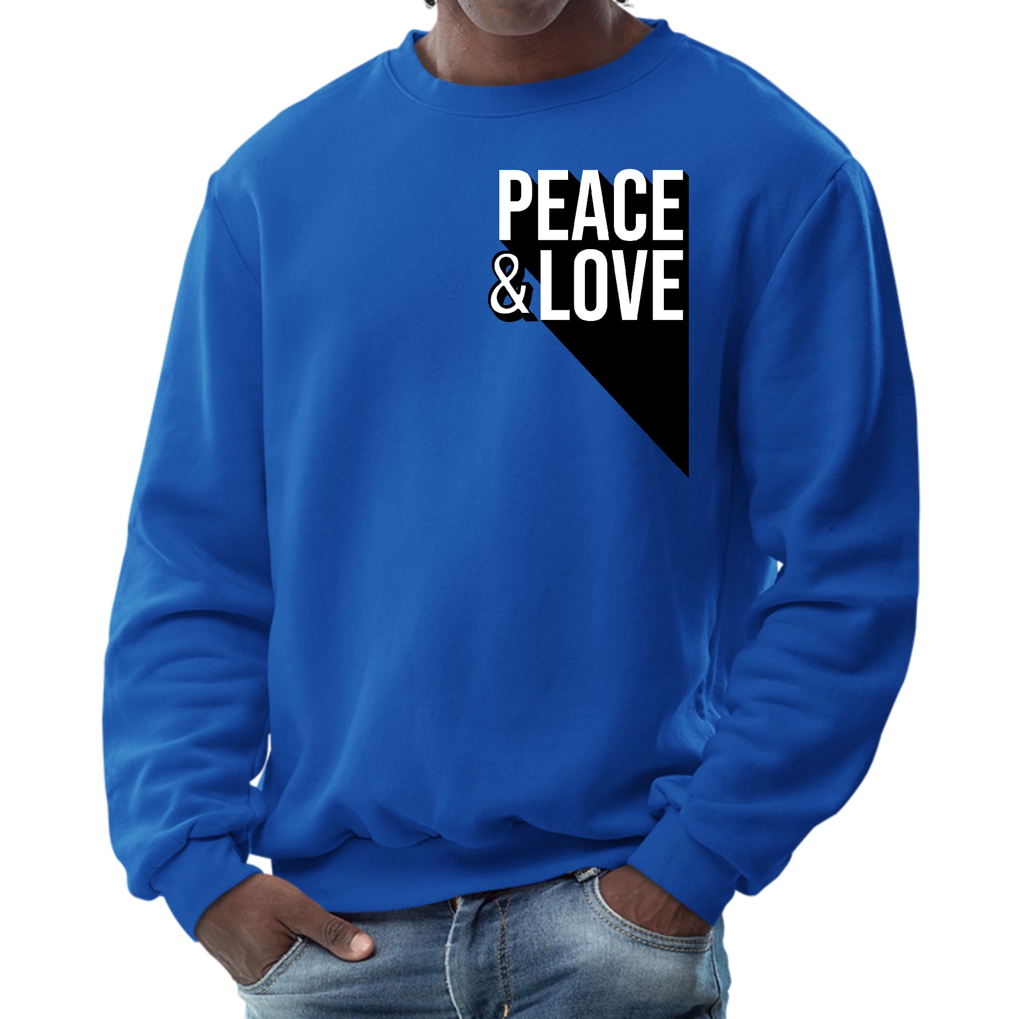 Men's Graphic Sweatshirt featuring a vibrant Peace and Love print, showcasing a stylish crewneck design with long sleeves.