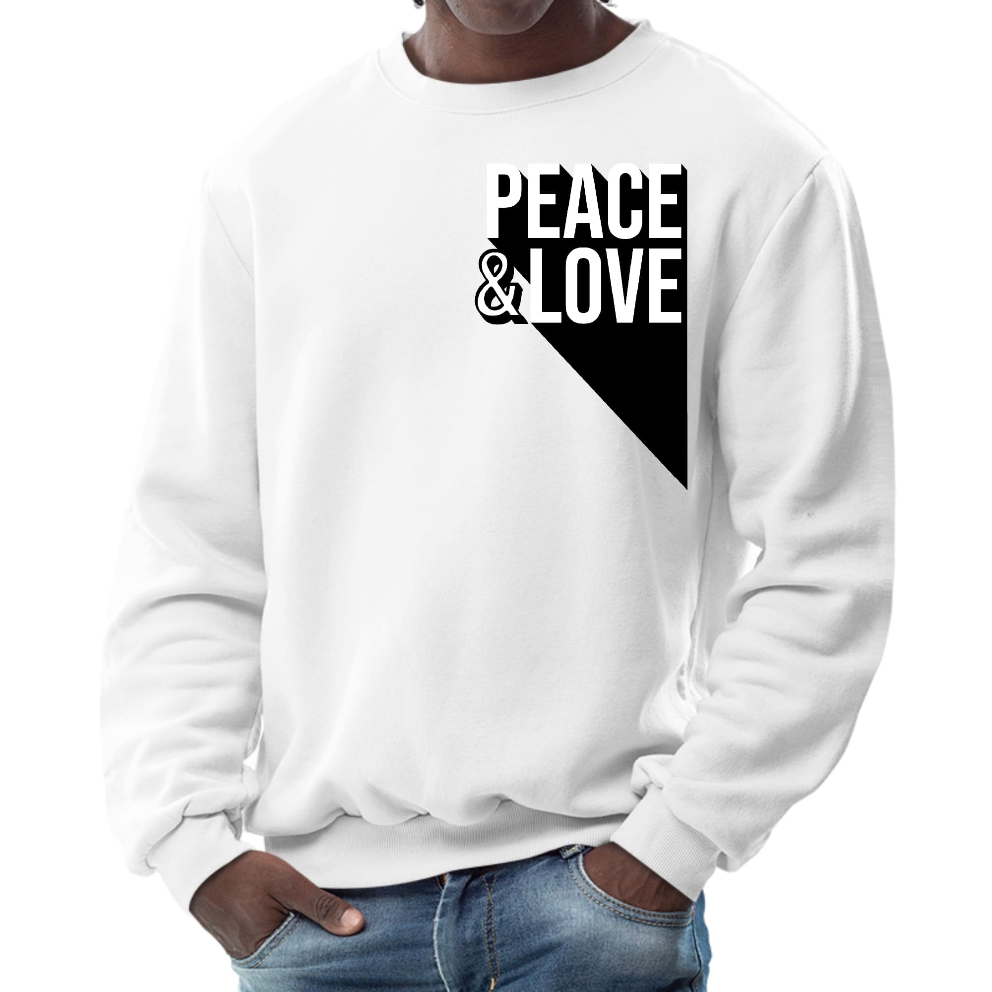 Men's Graphic Sweatshirt featuring a vibrant Peace and Love print, showcasing a stylish crewneck design with long sleeves.