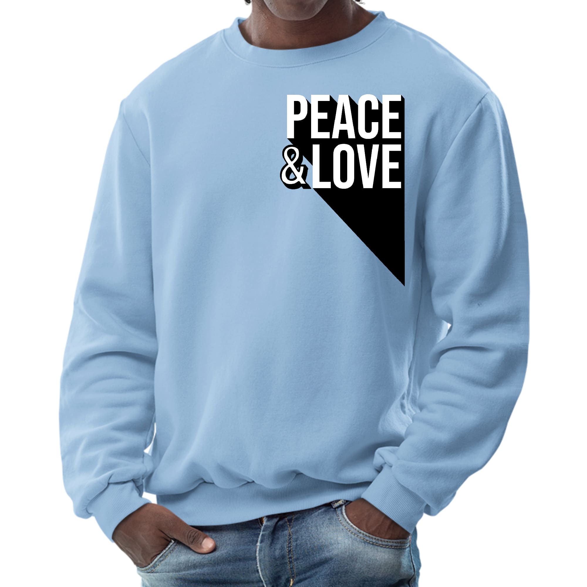 Men's Graphic Sweatshirt featuring a vibrant Peace and Love print, showcasing a stylish crewneck design with long sleeves.