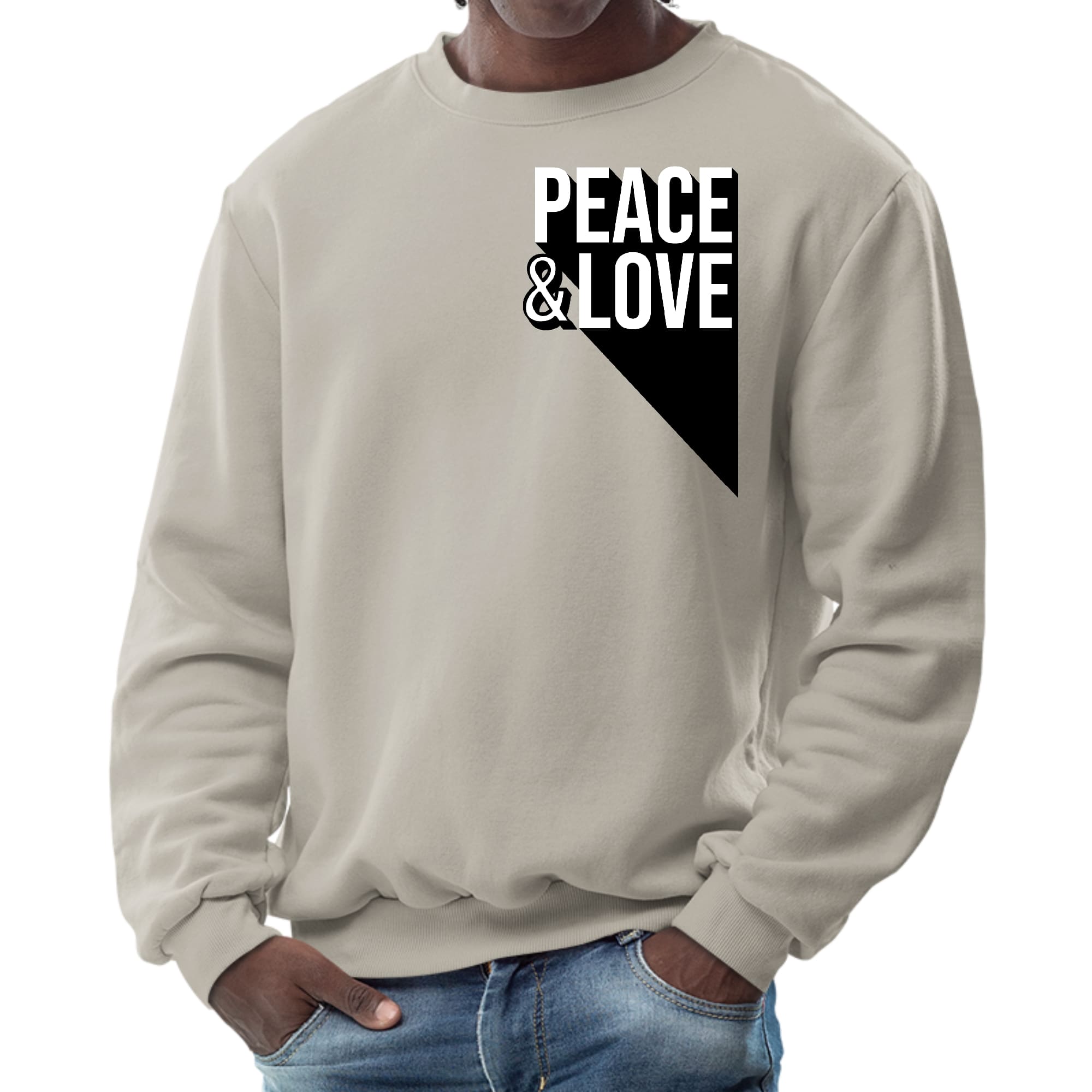 Men's Graphic Sweatshirt featuring a vibrant Peace and Love print, showcasing a stylish crewneck design with long sleeves.