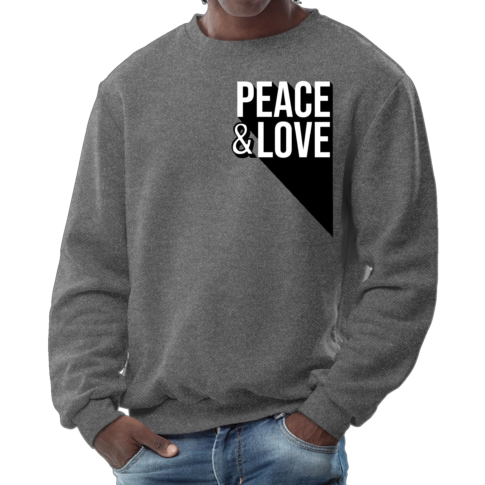 Men's Graphic Sweatshirt featuring a vibrant Peace and Love print, showcasing a stylish crewneck design with long sleeves.