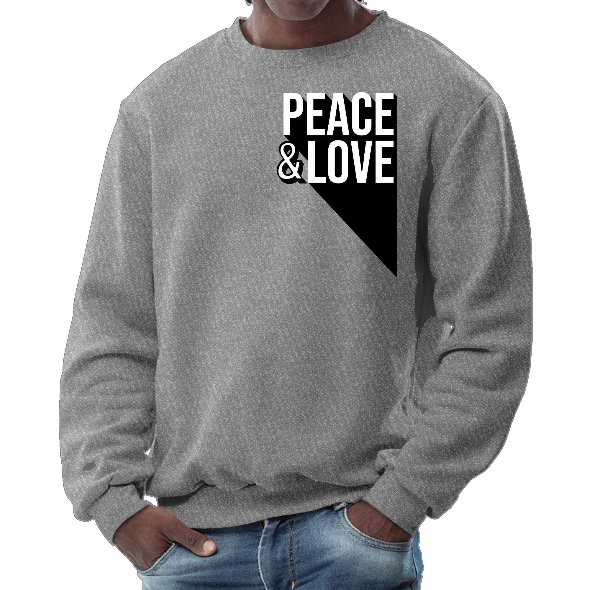 Men's Graphic Sweatshirt featuring a vibrant Peace and Love print, showcasing a stylish crewneck design with long sleeves.