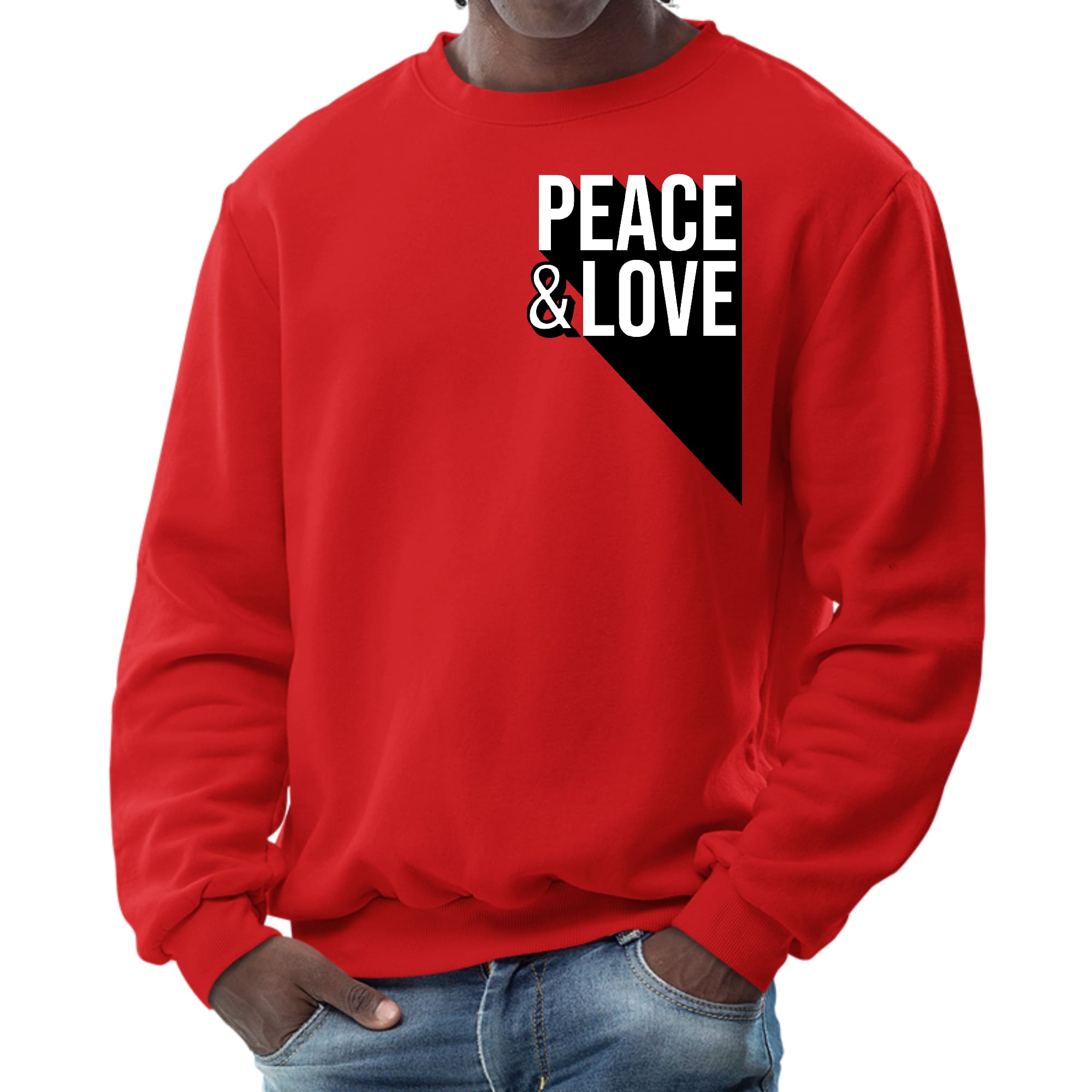 Men's Graphic Sweatshirt featuring a vibrant Peace and Love print, showcasing a stylish crewneck design with long sleeves.