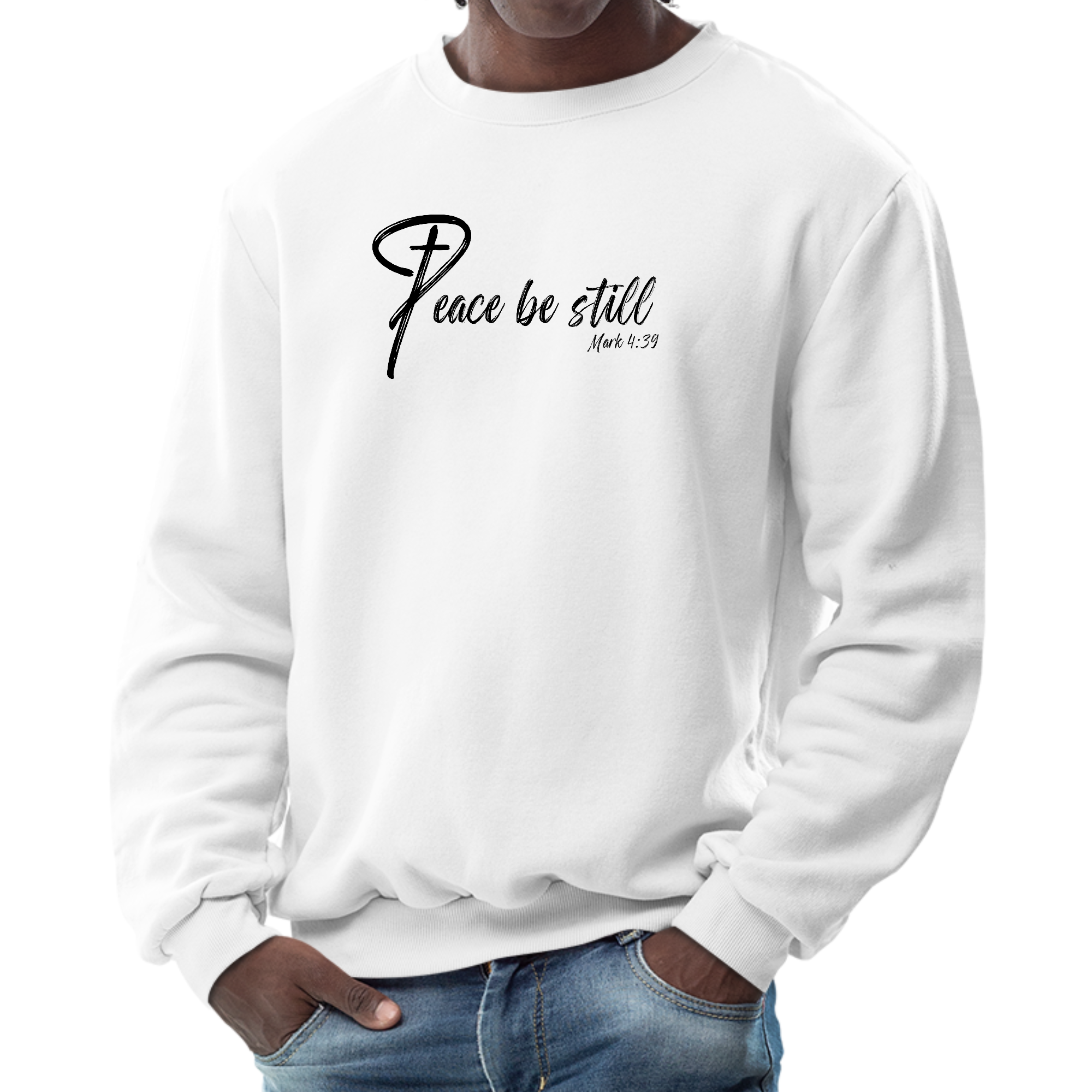 Men's Graphic Sweatshirt featuring 'Peace Be Still' illustration, cozy fleece material, and classic crewneck design.