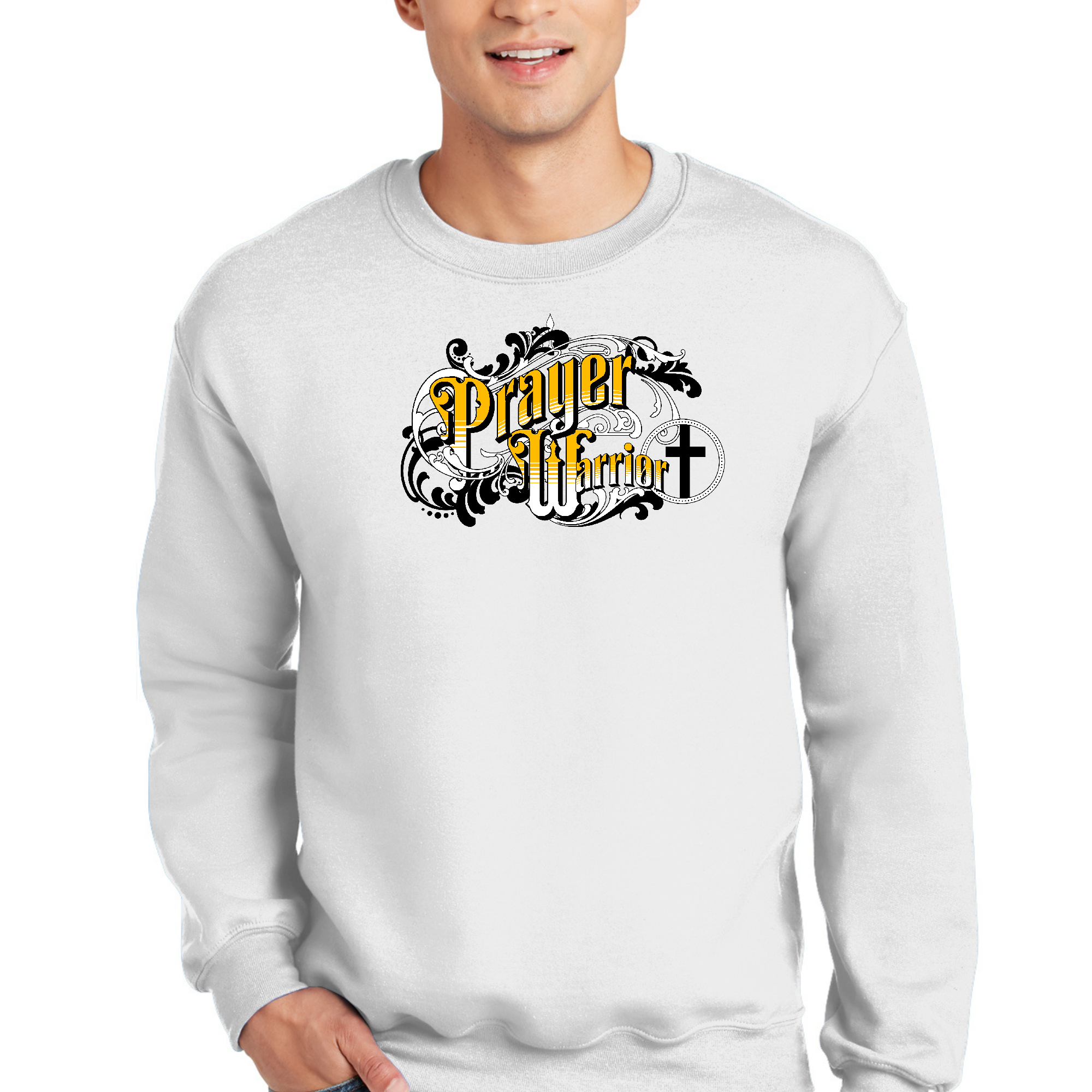 Men's Graphic Sweatshirt featuring a Prayer Warrior Victorian Style illustration, showcasing a comfortable fit and unique design.