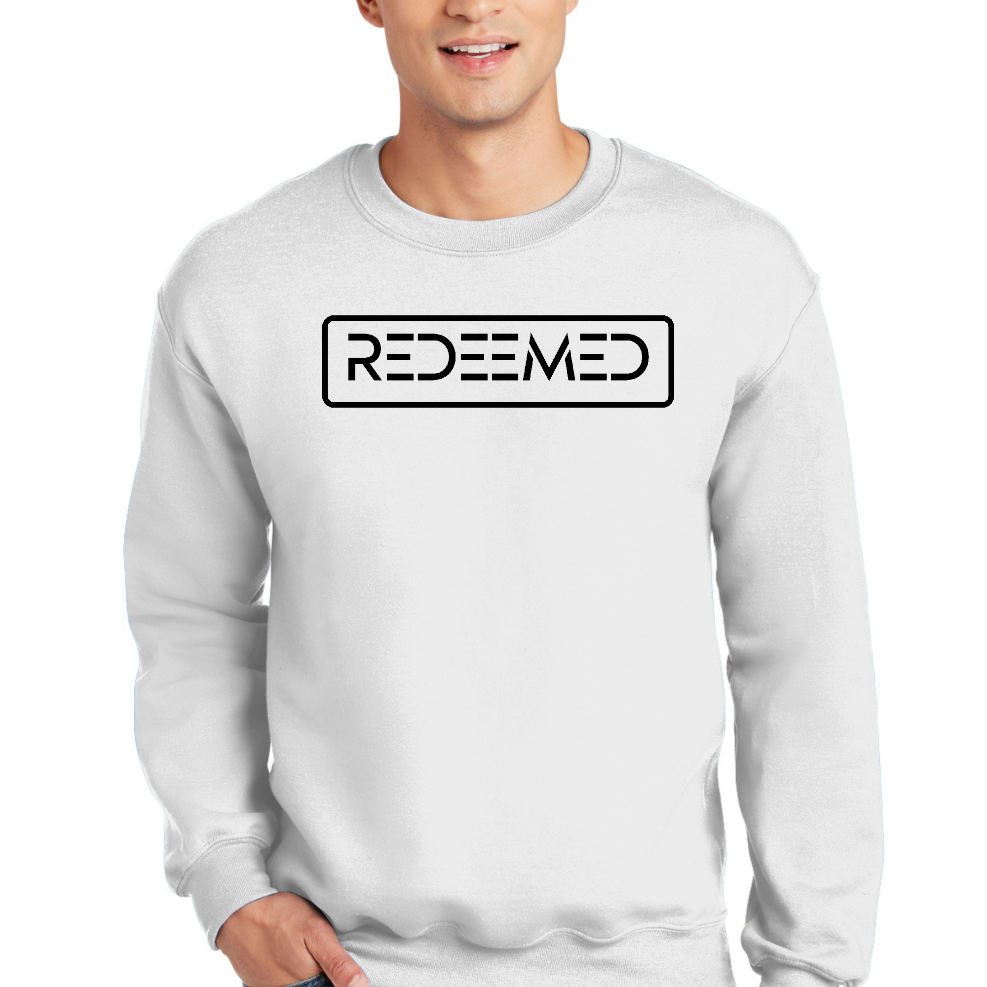 Men's Graphic Sweatshirt in black featuring a Redeemed illustration and motivational quote, designed for comfort and style.