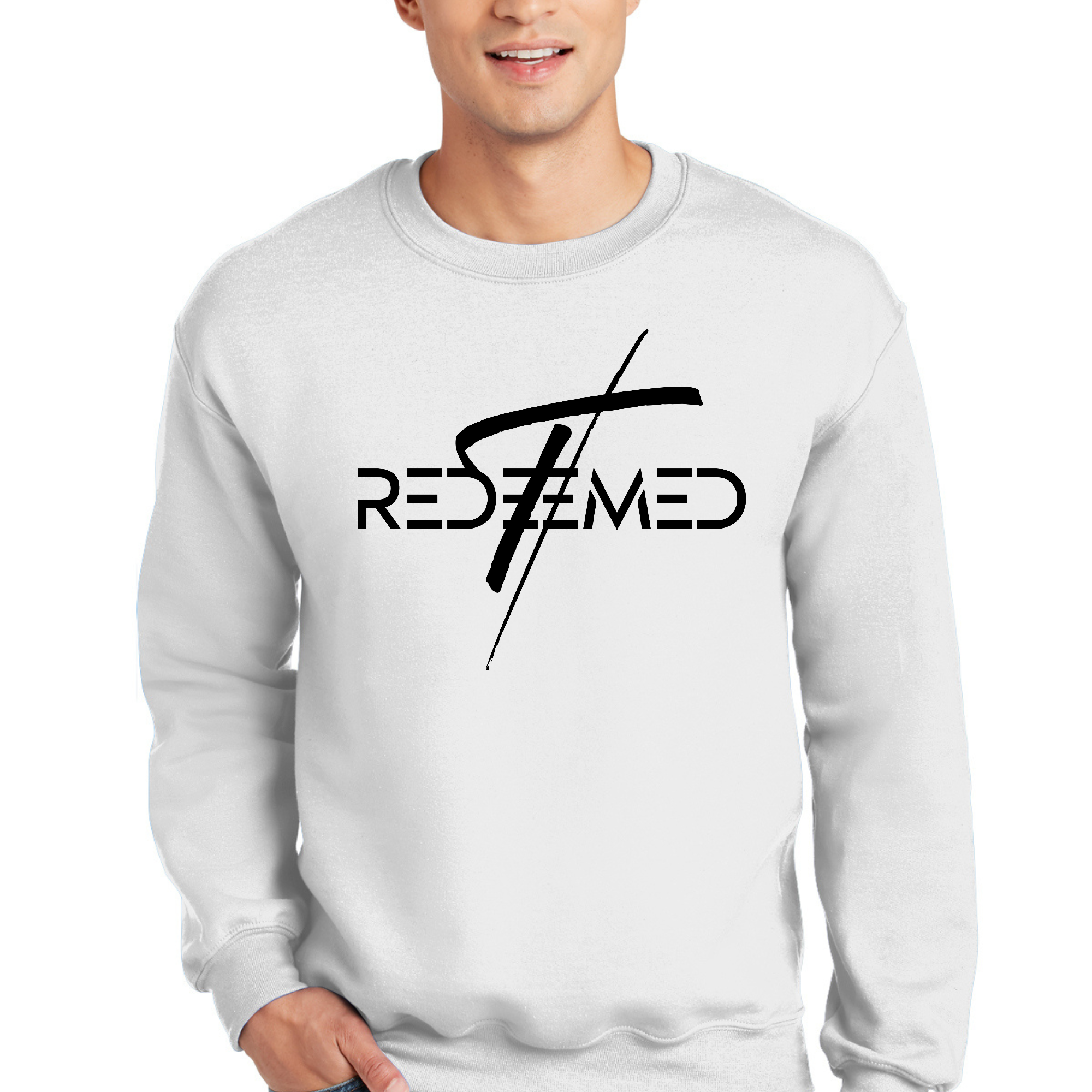 Men's black sweatshirt featuring a Redeemed Cross graphic illustration, showcasing a stylish and inspirational design.