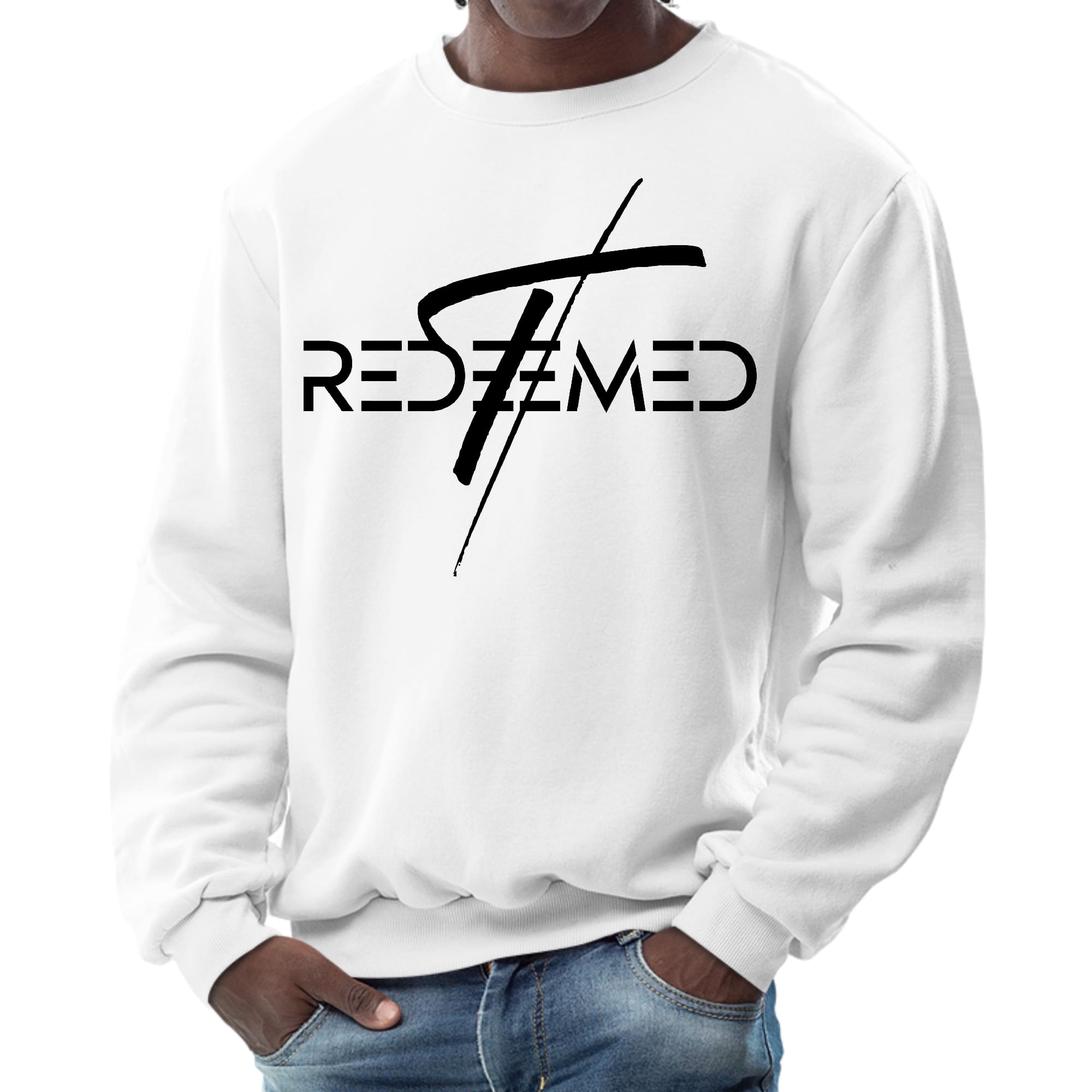 Men's black sweatshirt featuring a Redeemed Cross graphic illustration, showcasing a stylish and inspirational design.