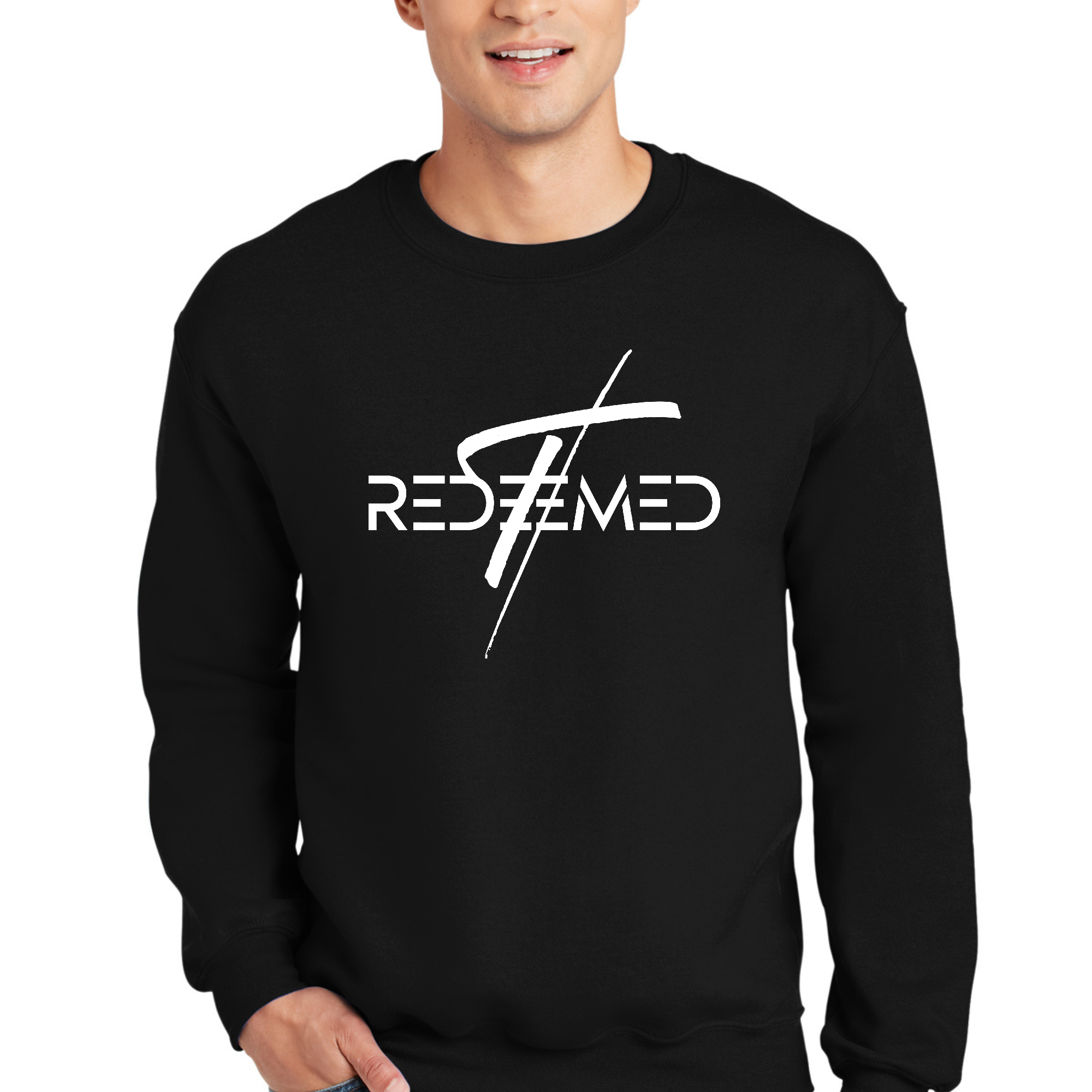 Men's graphic sweatshirt featuring a Redeemed Cross design, showcasing a comfortable crewneck style with long sleeves.